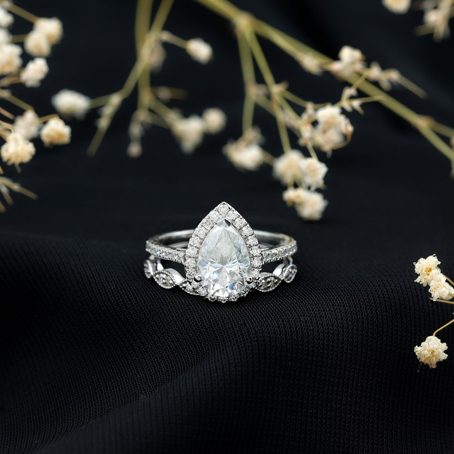 Designer Zircon Teardrop Wedding Ring with Enhancer Band