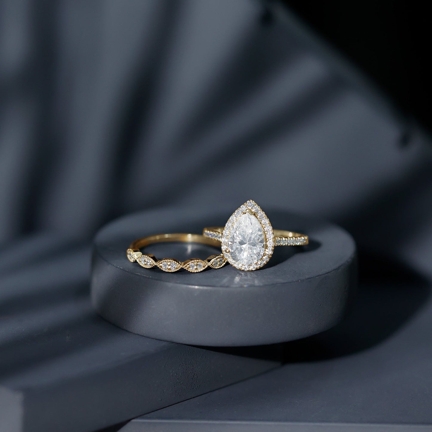 Designer Zircon Teardrop Wedding Ring with Enhancer Band