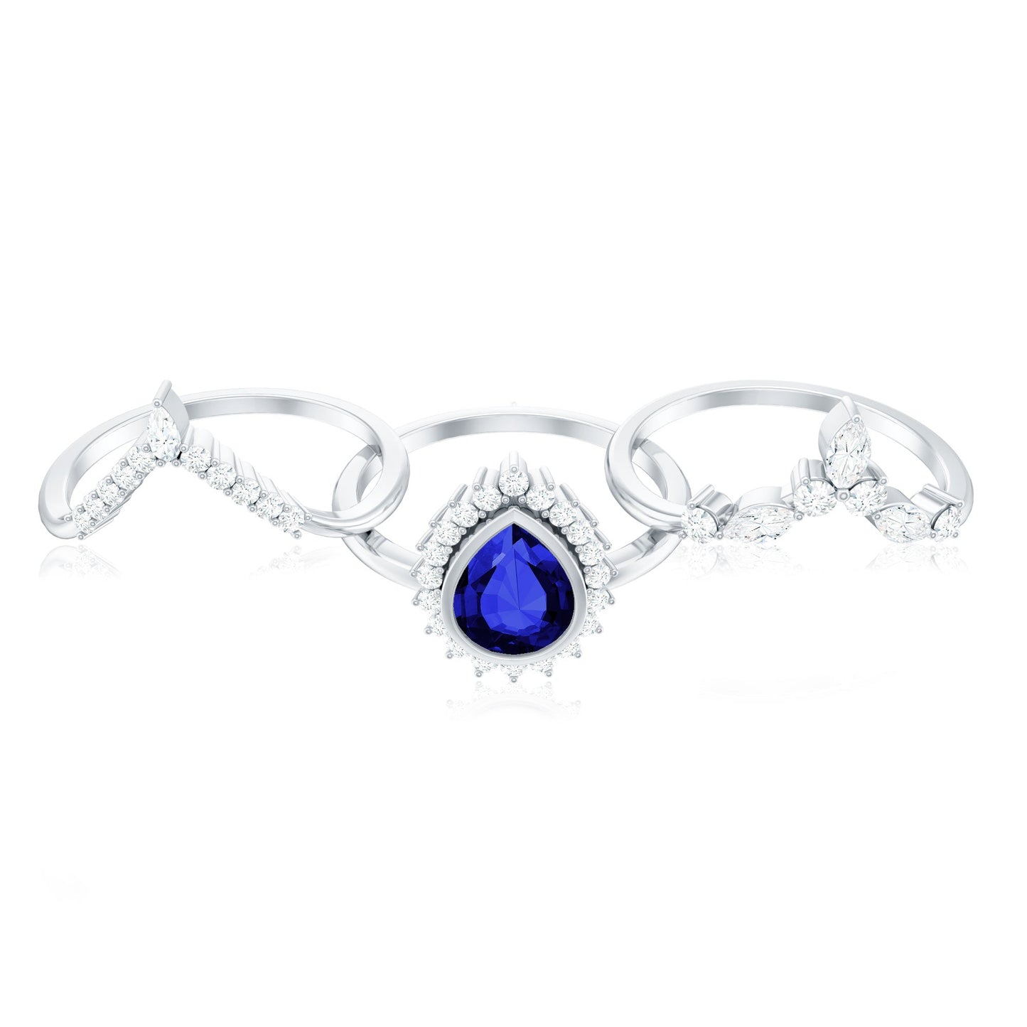 Vintage Looking Lab Grown Blue Sapphire 3 Piece Bridal Ring Set with Moissanite