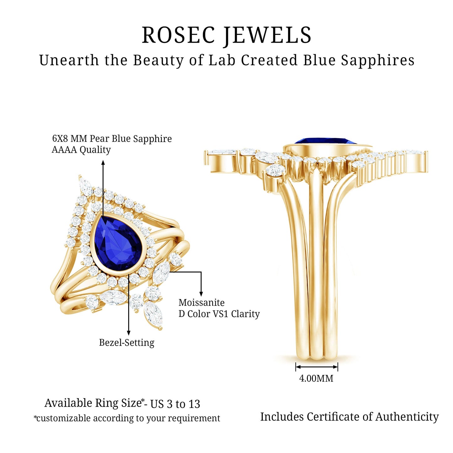 Vintage Looking Lab Grown Blue Sapphire 3 Piece Bridal Ring Set with Moissanite