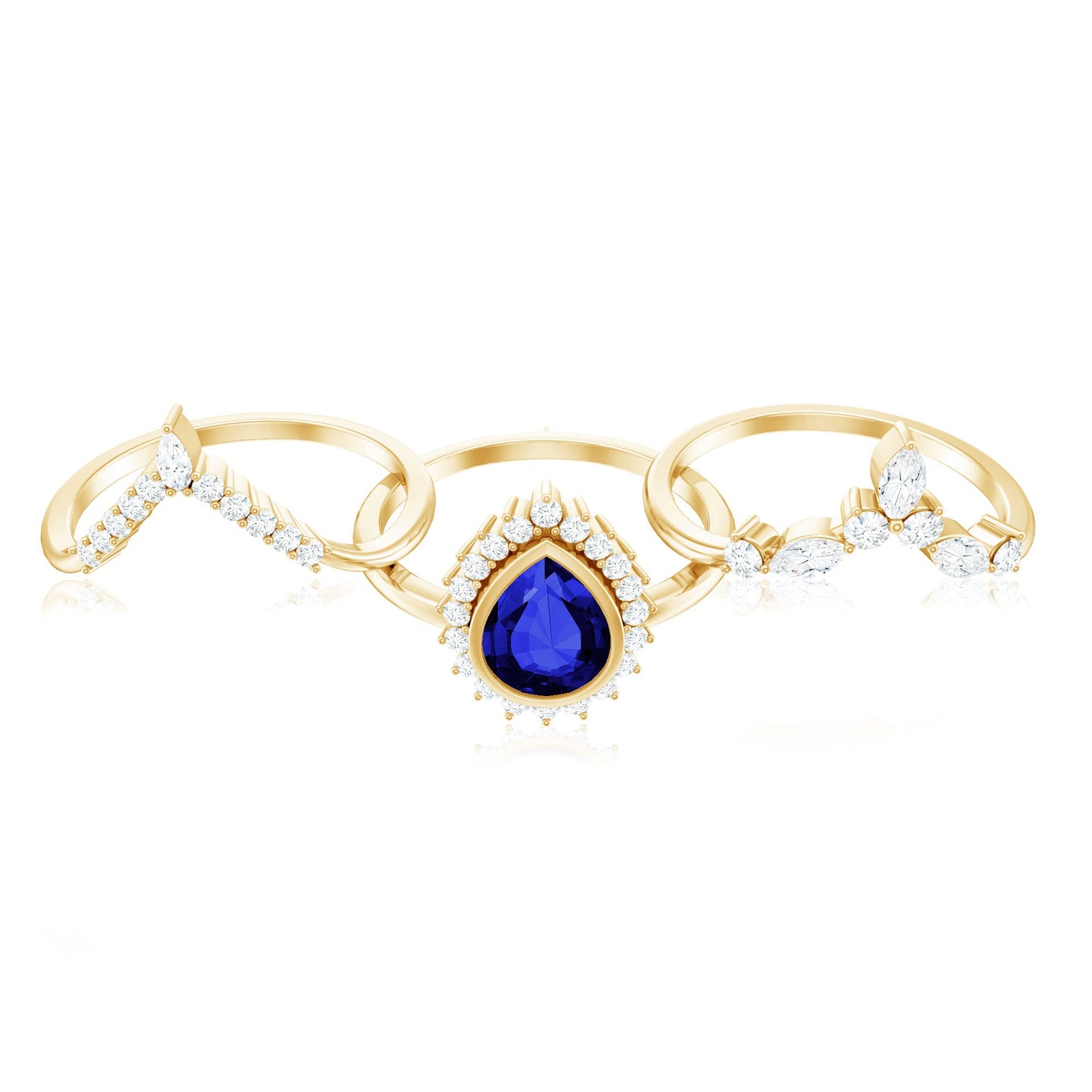 Vintage Looking Lab Grown Blue Sapphire 3 Piece Bridal Ring Set with Moissanite