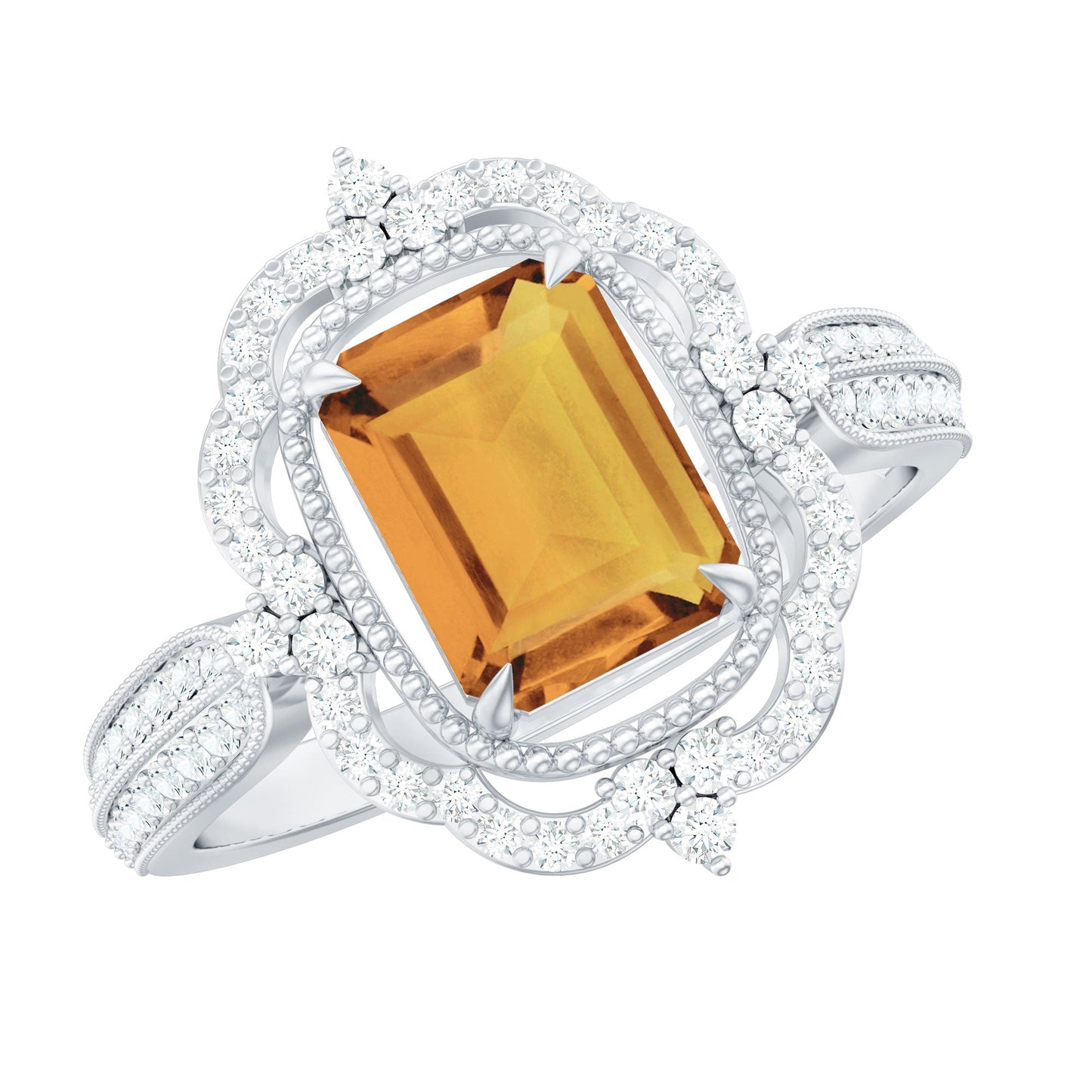Vintage Inspired Citrine Emerald Cut Engagement Ring with Moissanite Halo