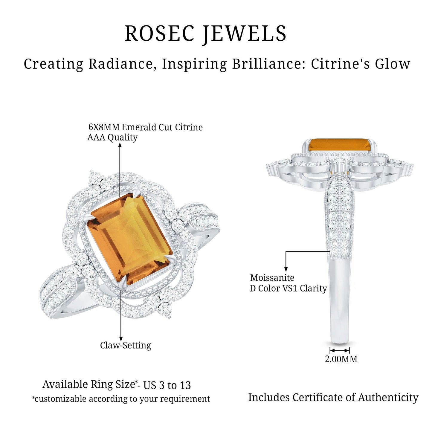 Vintage Inspired Citrine Emerald Cut Engagement Ring with Moissanite Halo