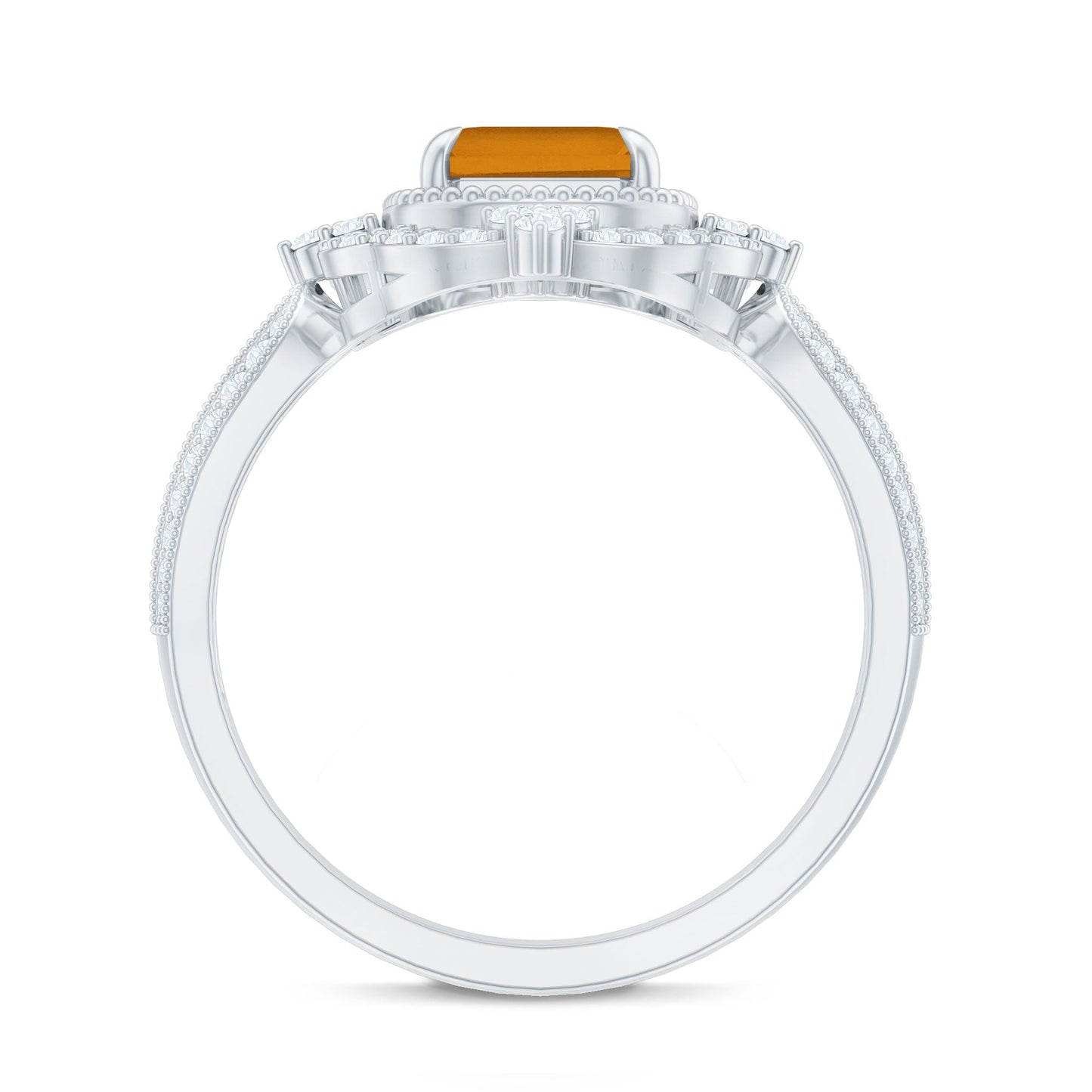 Vintage Inspired Citrine Emerald Cut Engagement Ring with Moissanite Halo