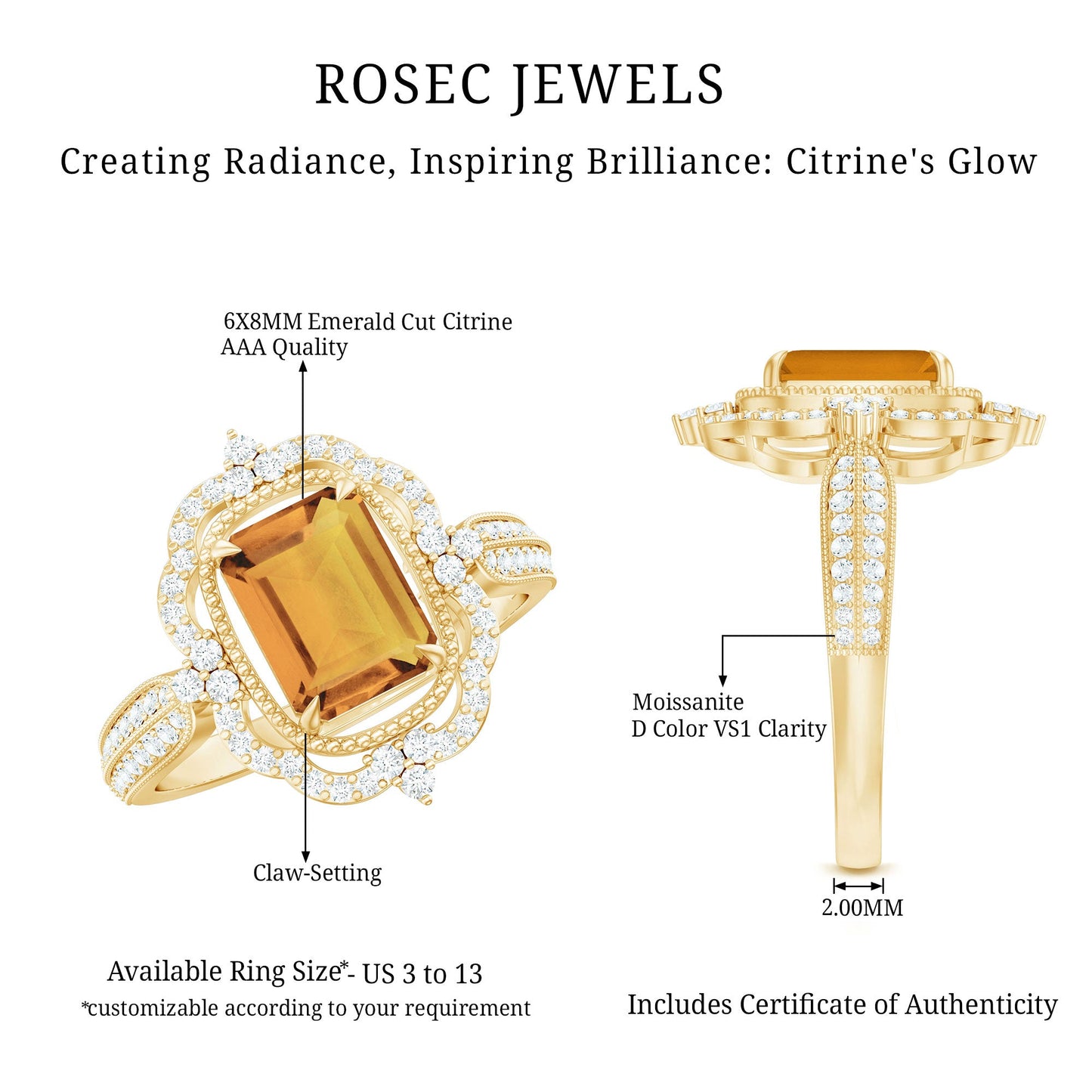 Vintage Inspired Citrine Emerald Cut Engagement Ring with Moissanite Halo