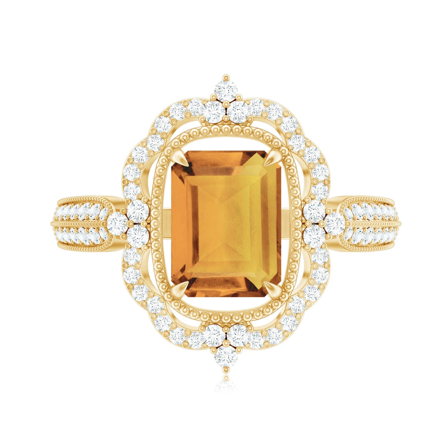 Vintage Inspired Citrine Emerald Cut Engagement Ring with Moissanite Halo