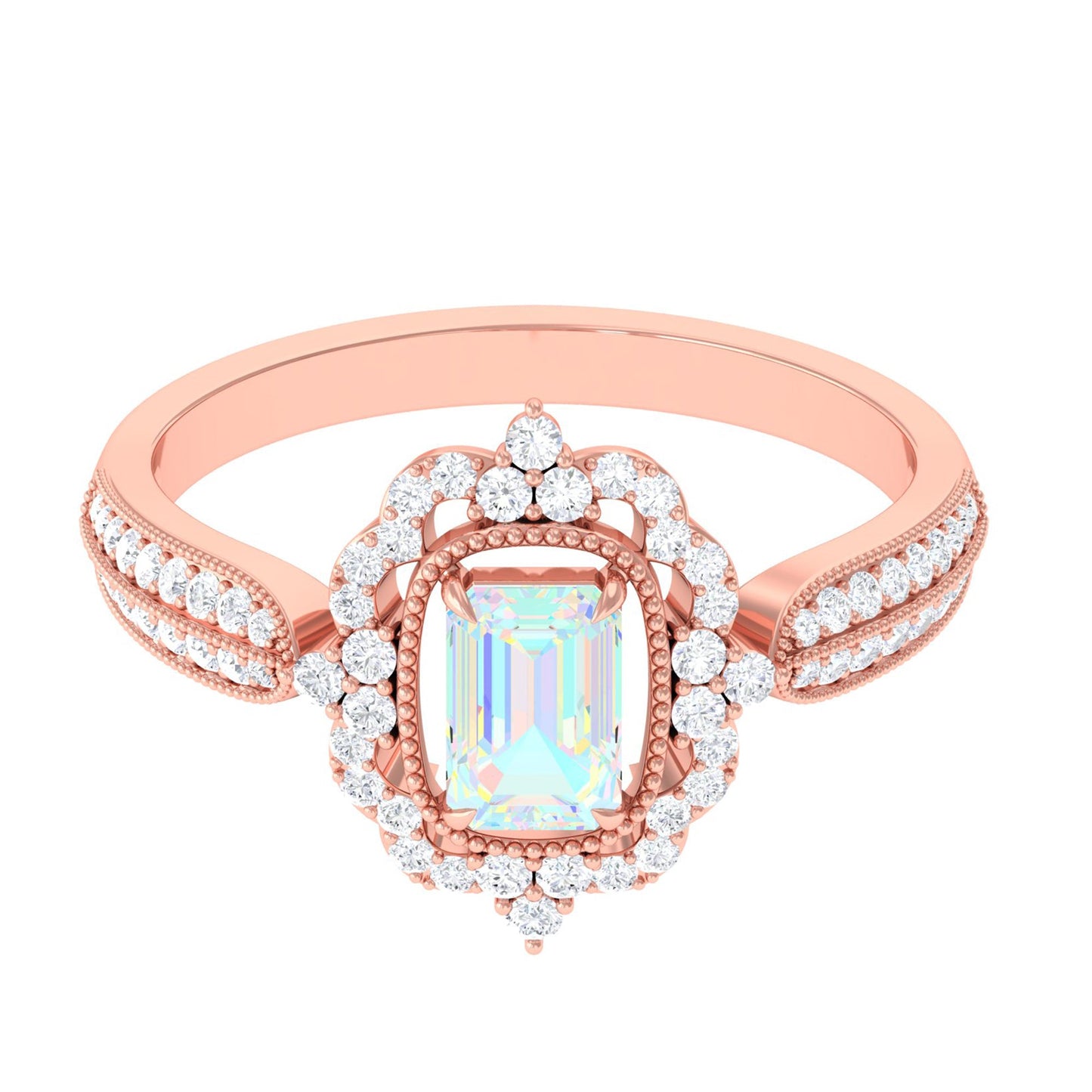Real 6X8mm Emerald Cut Opalescent Antique Looking Engagement Ring with Diamond Halo