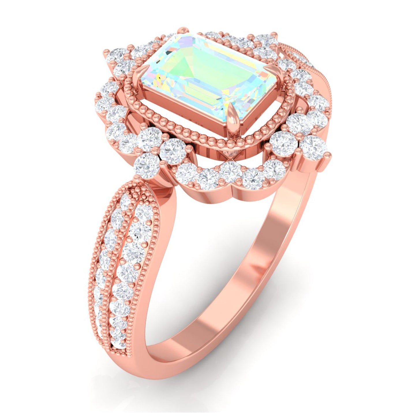 Real 6X8mm Emerald Cut Opalescent Antique Looking Engagement Ring with Diamond Halo