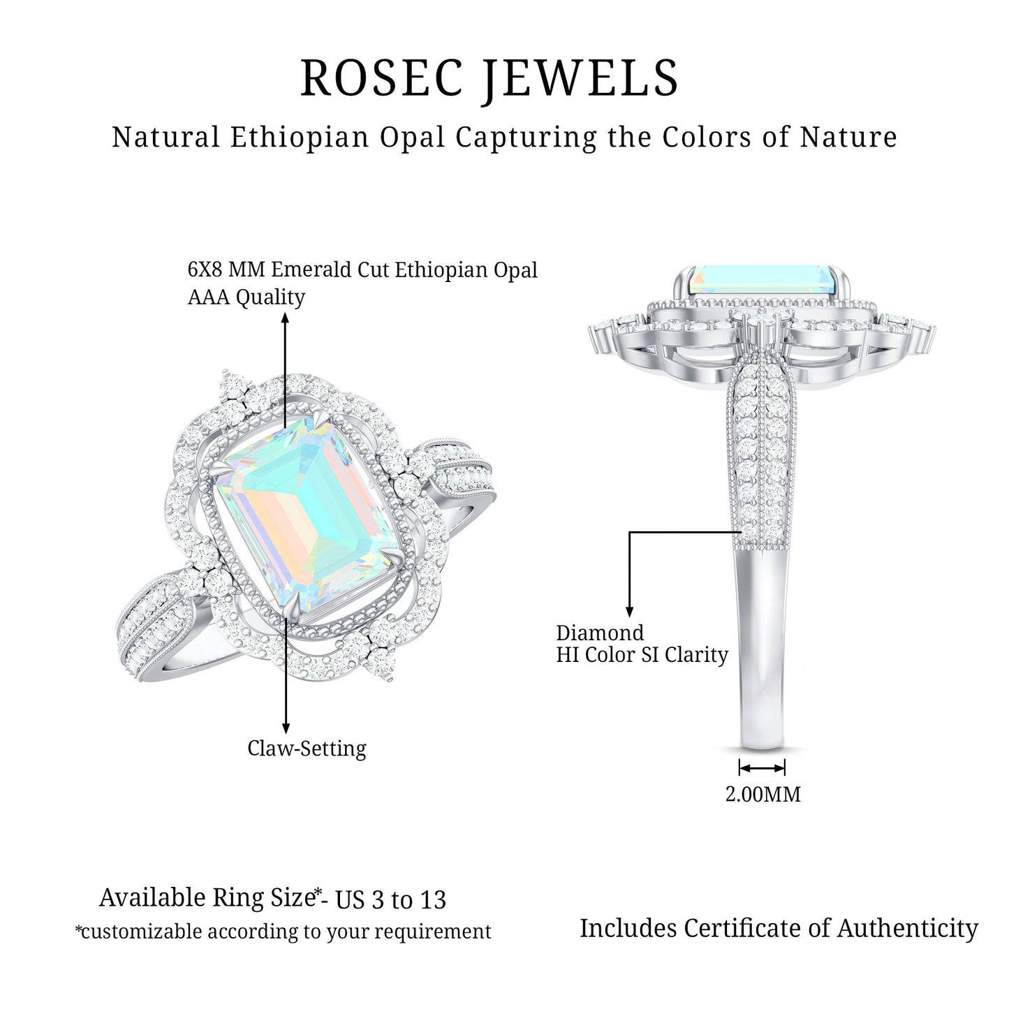 Real 6X8mm Emerald Cut Opalescent Antique Looking Engagement Ring with Diamond Halo