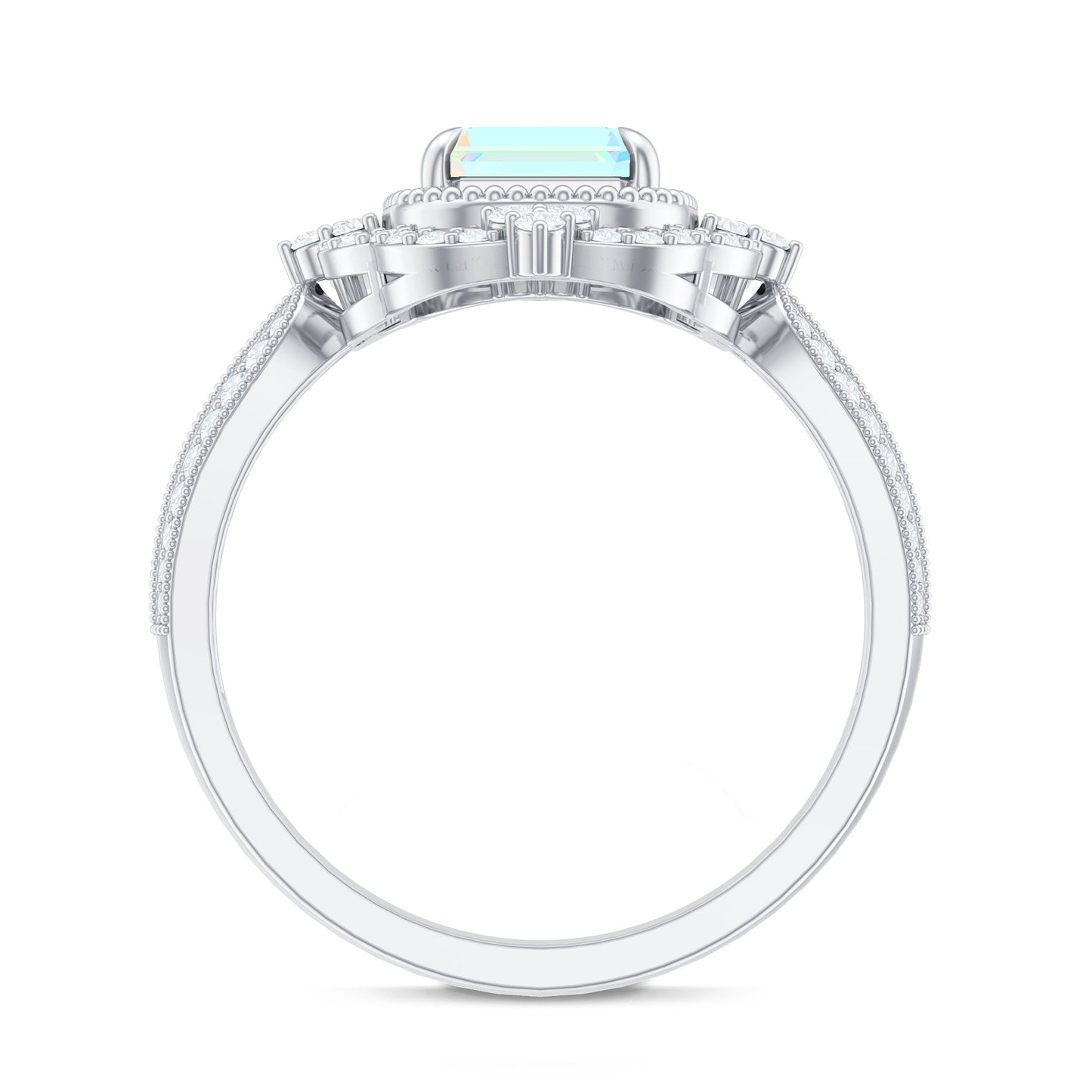 Real 6X8mm Emerald Cut Opalescent Antique Looking Engagement Ring with Diamond Halo