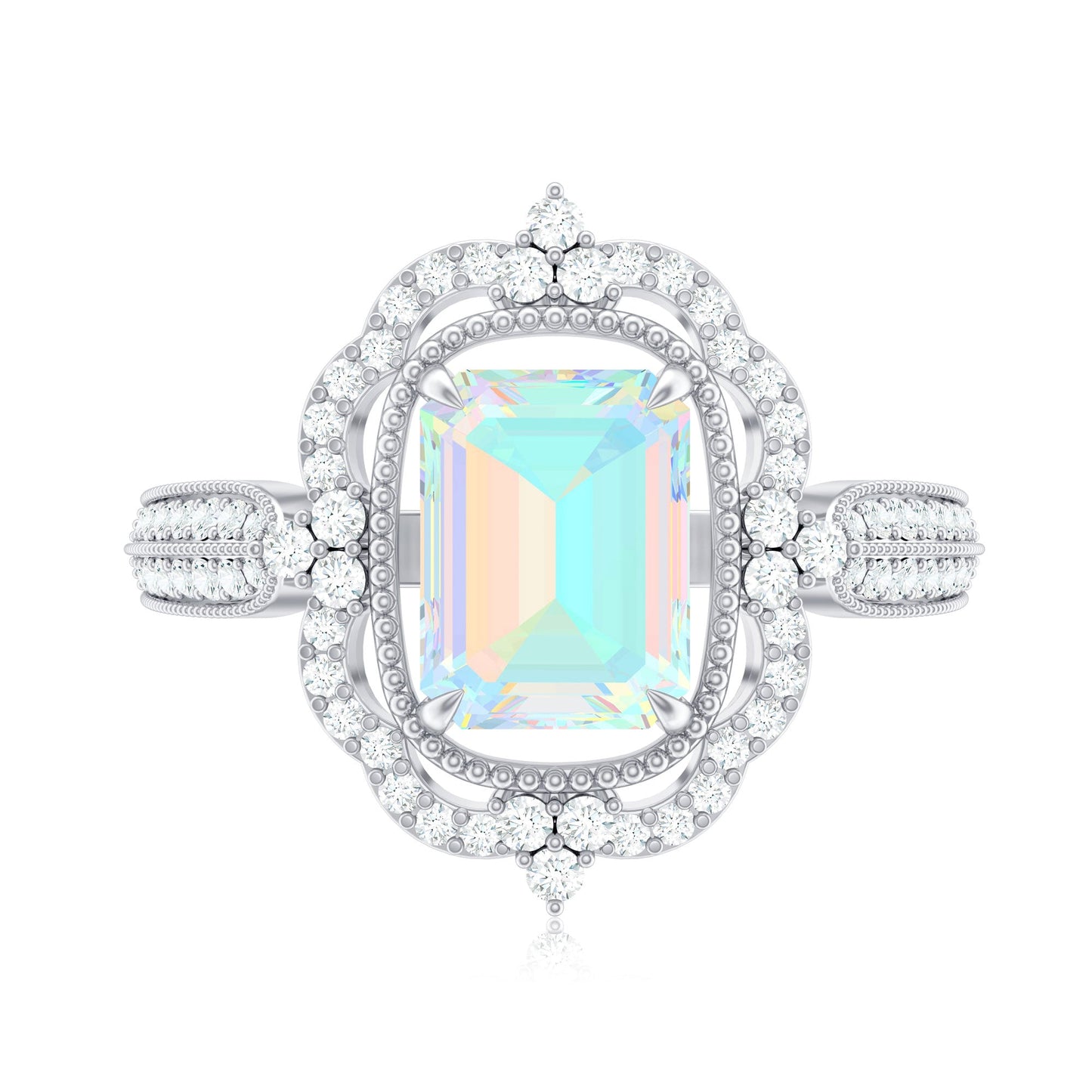 Real 6X8mm Emerald Cut Opalescent Antique Looking Engagement Ring with Diamond Halo