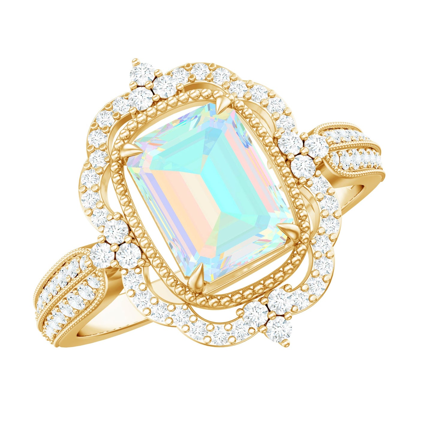 Real 6X8mm Emerald Cut Opalescent Antique Looking Engagement Ring with Diamond Halo