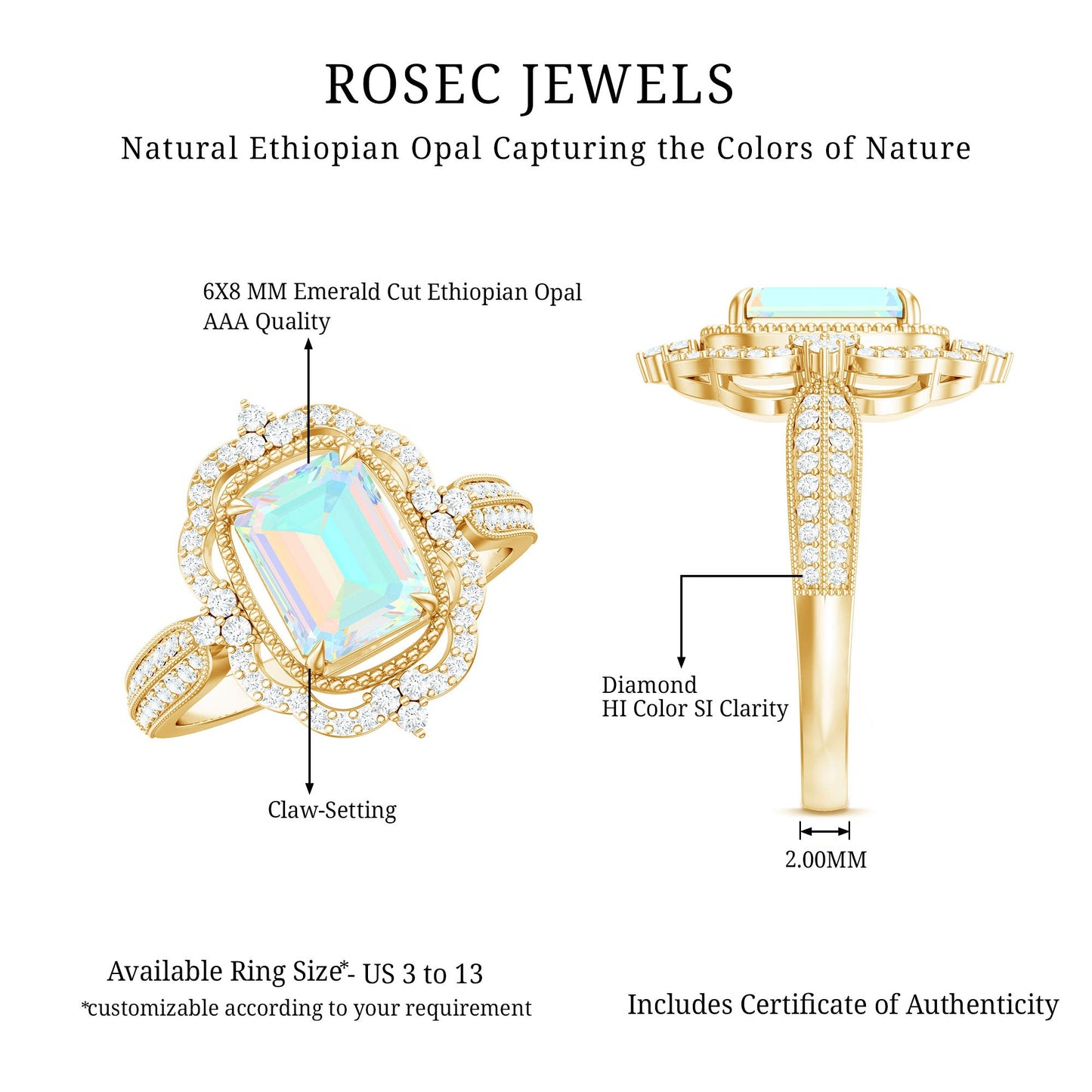Real 6X8mm Emerald Cut Opalescent Antique Looking Engagement Ring with Diamond Halo