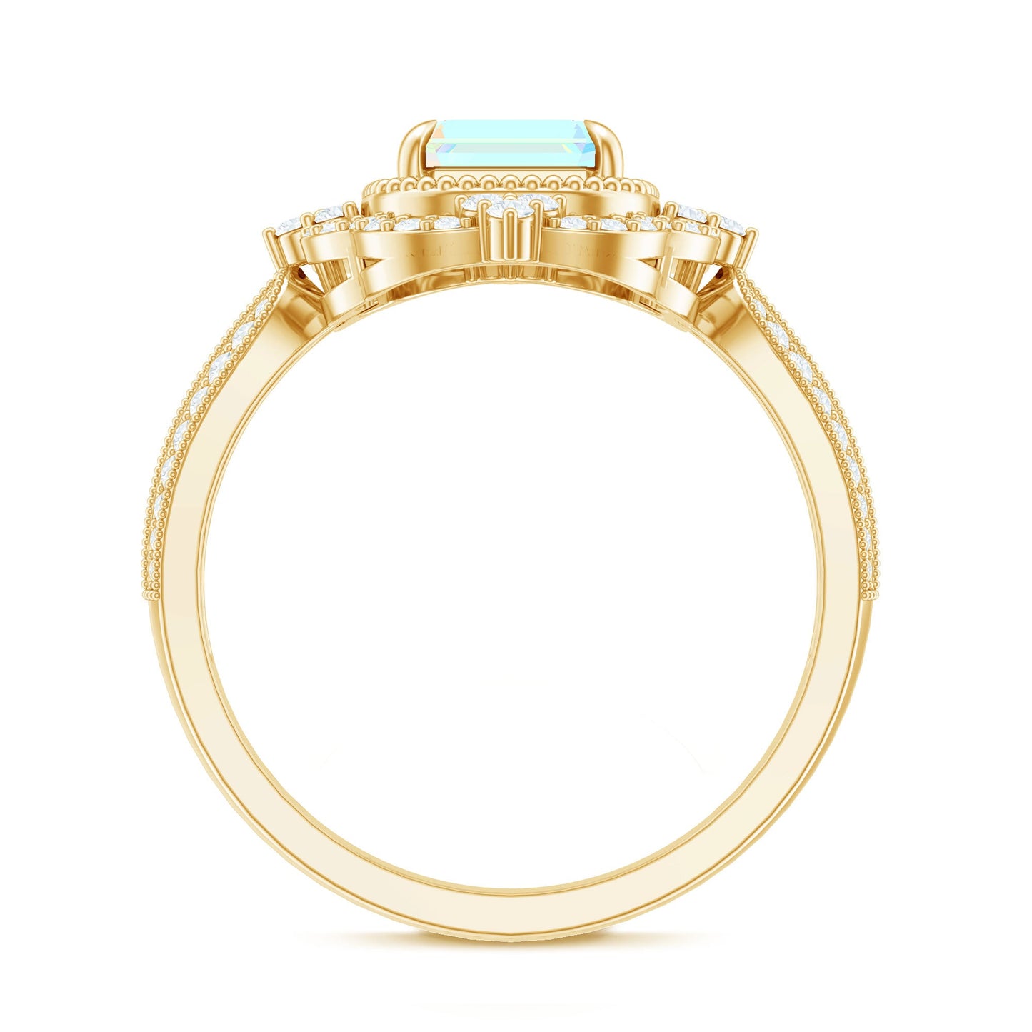 Real 6X8mm Emerald Cut Opalescent Antique Looking Engagement Ring with Diamond Halo