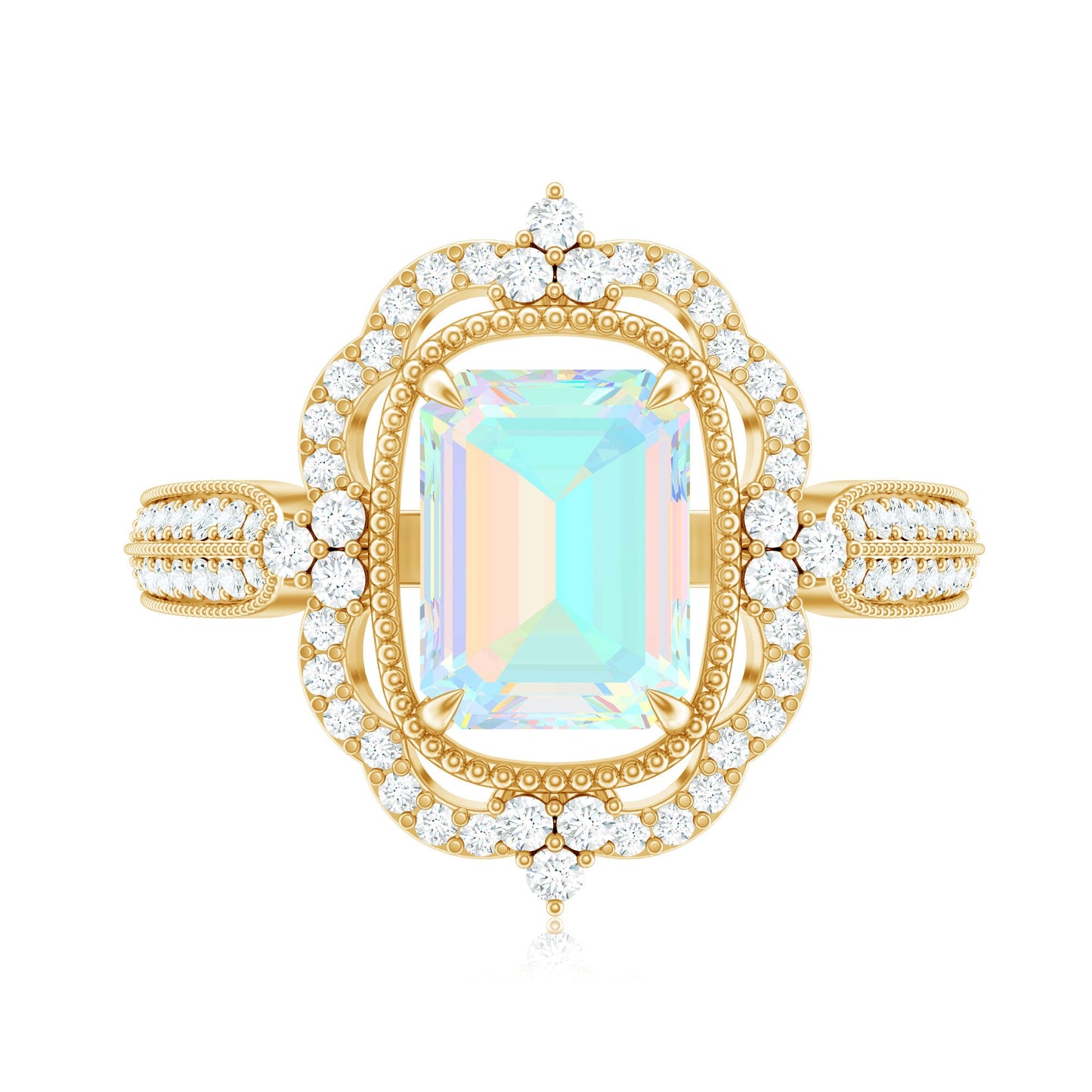 Real 6X8mm Emerald Cut Opalescent Antique Looking Engagement Ring with Diamond Halo