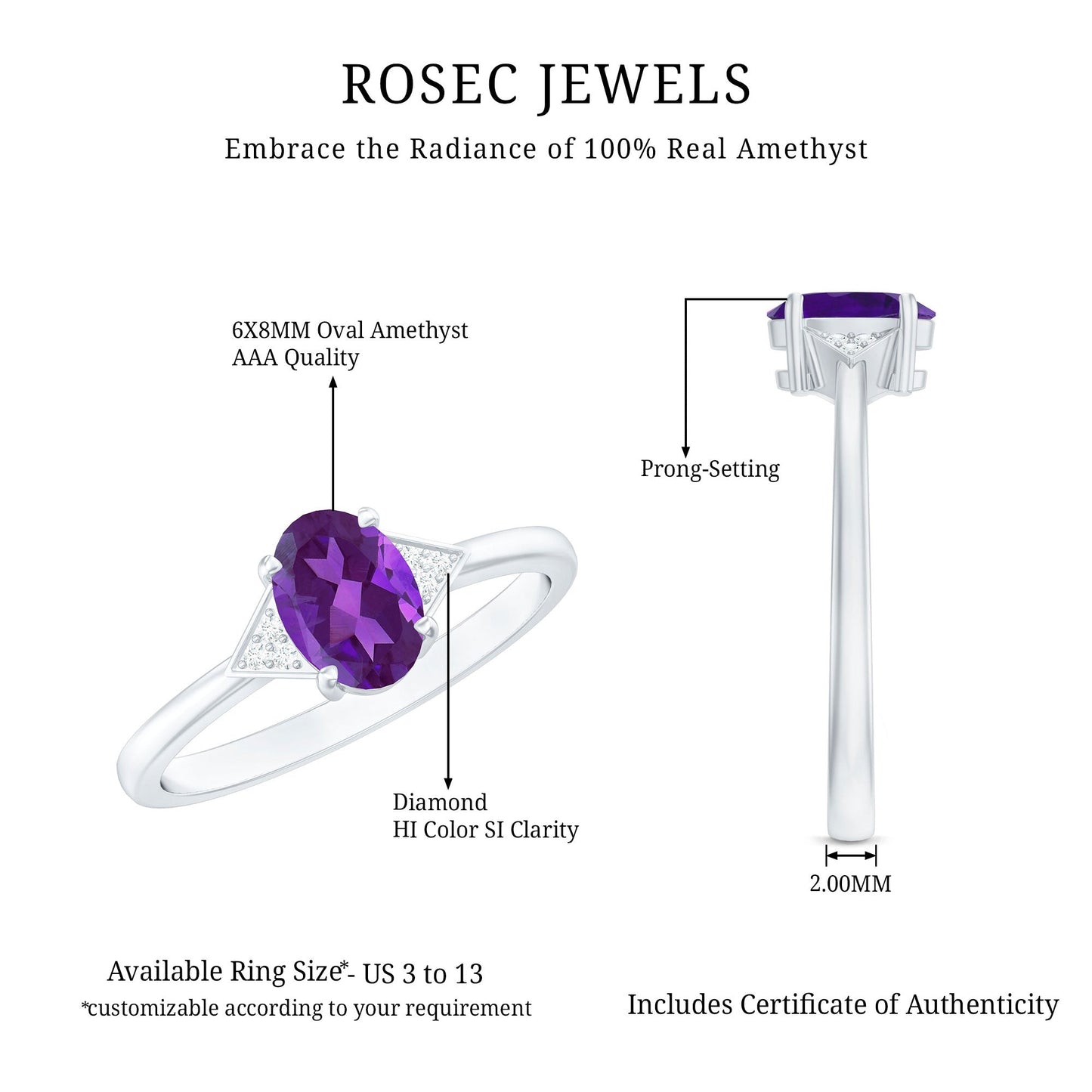 Oval Amethyst Solitaire Engagement Ring with Diamond Accent