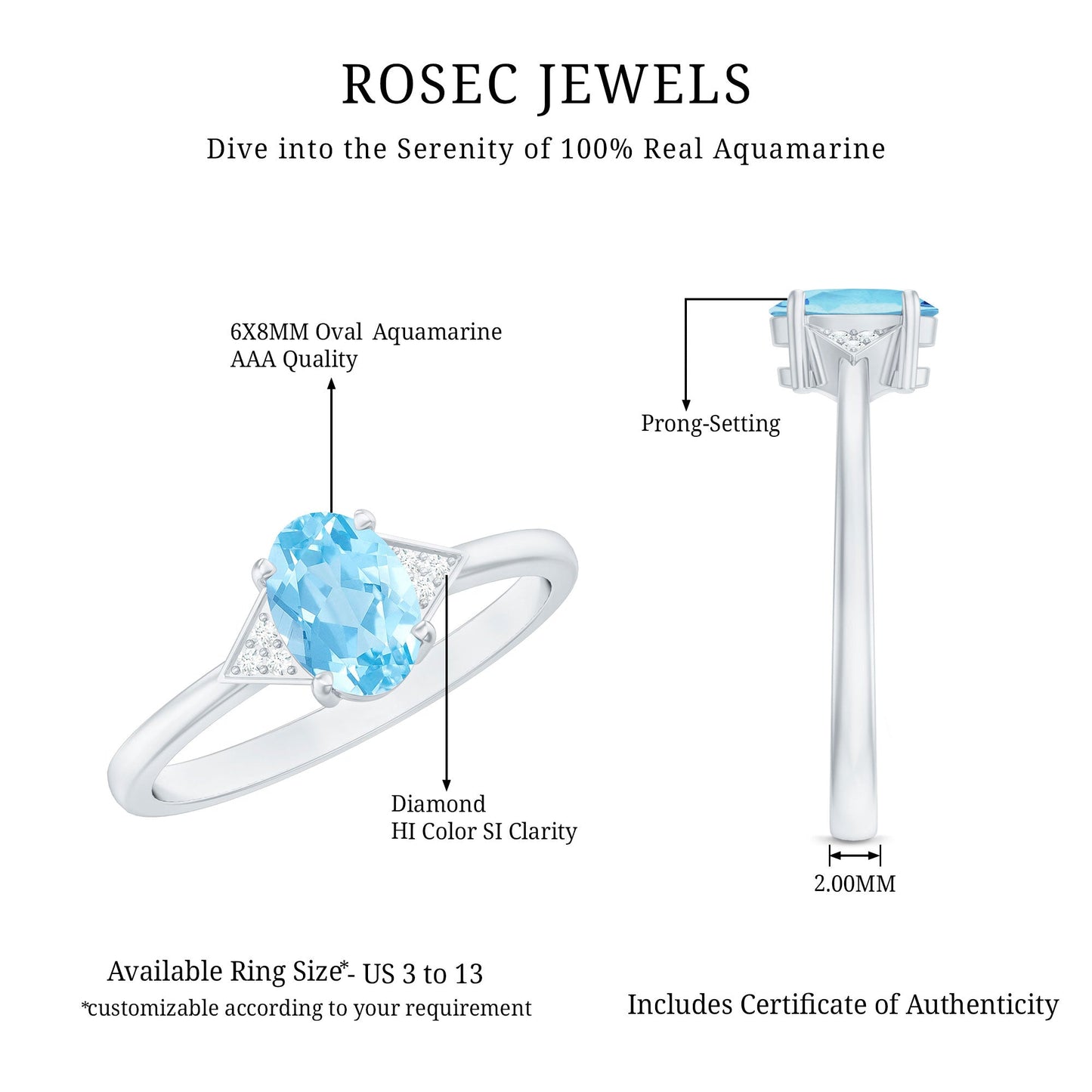 Genuine 6X8mm Aquamarine Oval Engagement Ring with Diamond