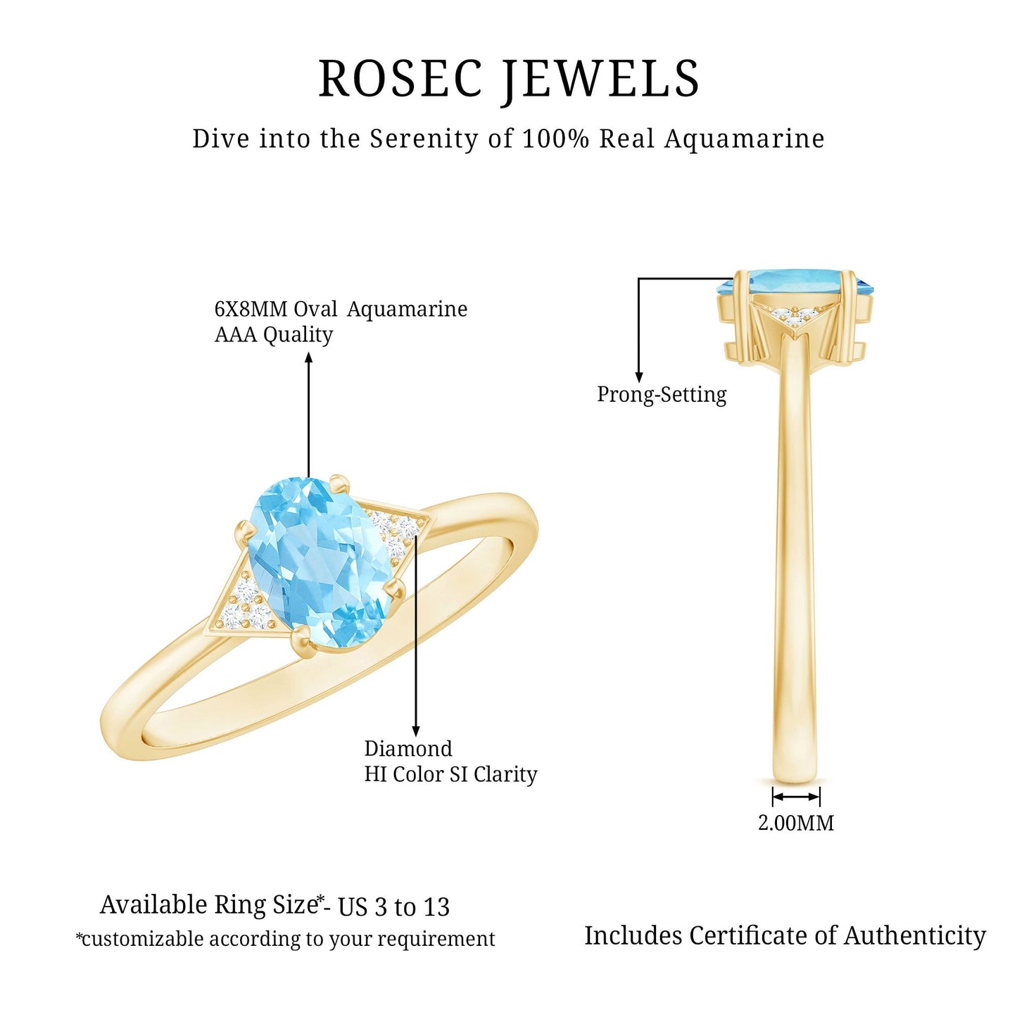 Genuine 6X8mm Aquamarine Oval Engagement Ring with Diamond