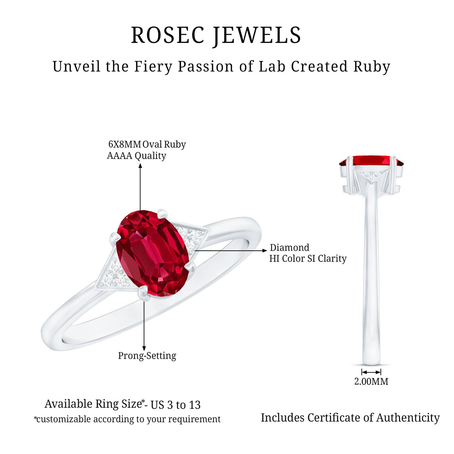 6X8MM Oval Lab Created Ruby Solitaire Ring with Diamonds