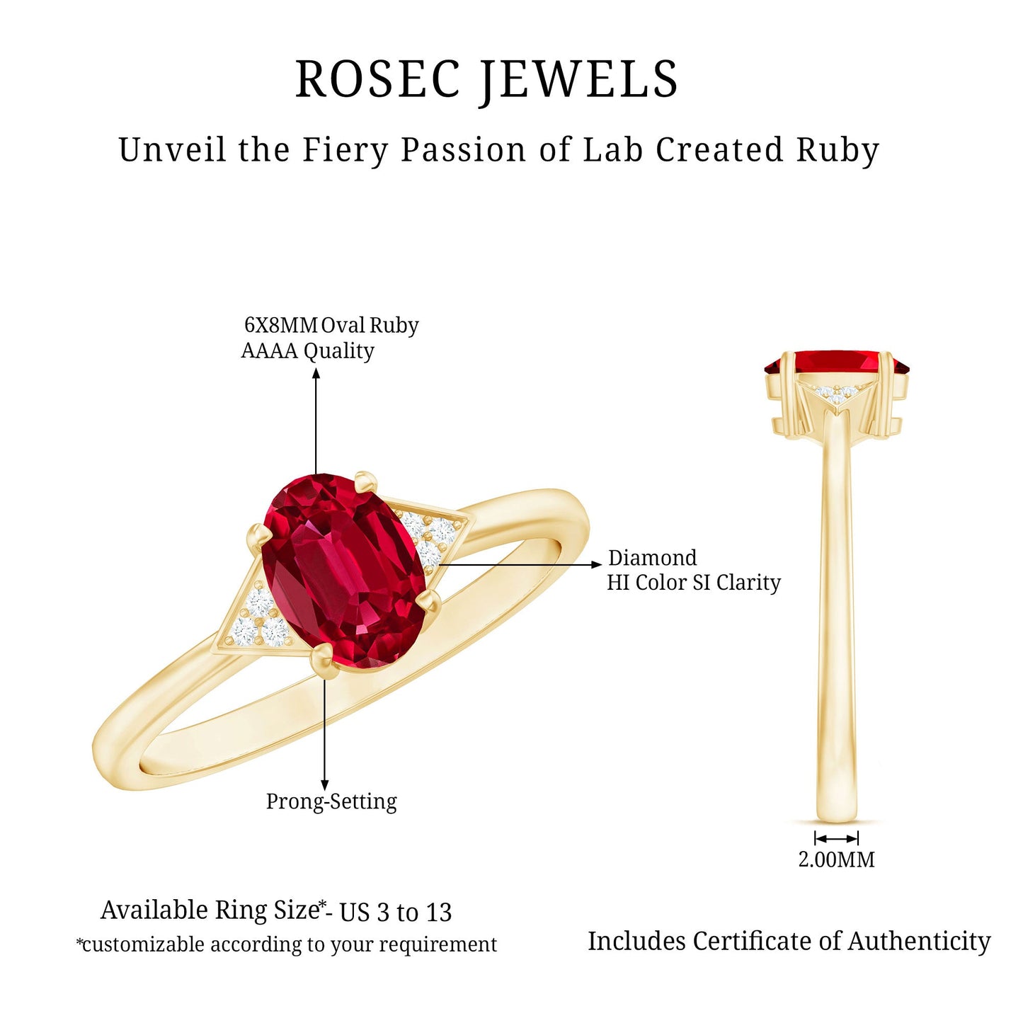 6X8MM Oval Lab Created Ruby Solitaire Ring with Diamonds