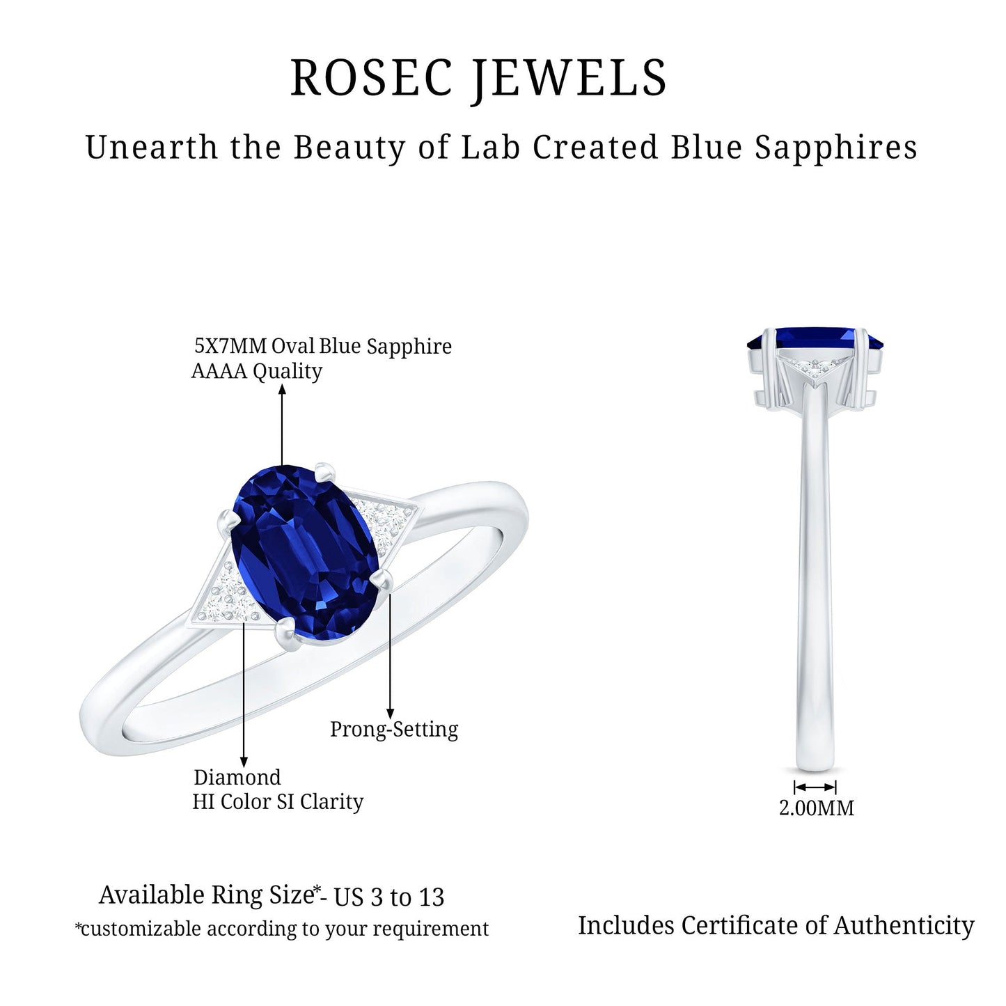 Certified 1 Carat Lab Grown Blue Sapphire Oval Engagement Ring with Diamond Trio
