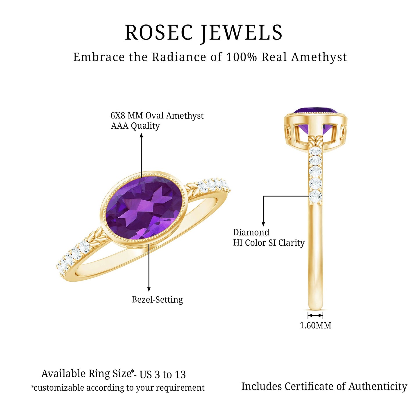 Oval Amethyst Solitaire Engagement Ring with Diamond