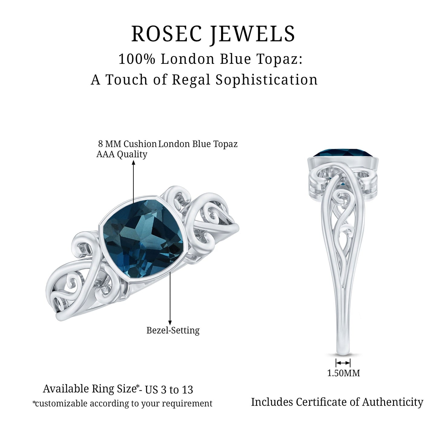 8mm Cushion Cut London Blue Topaz Vintage Solitaire Ring