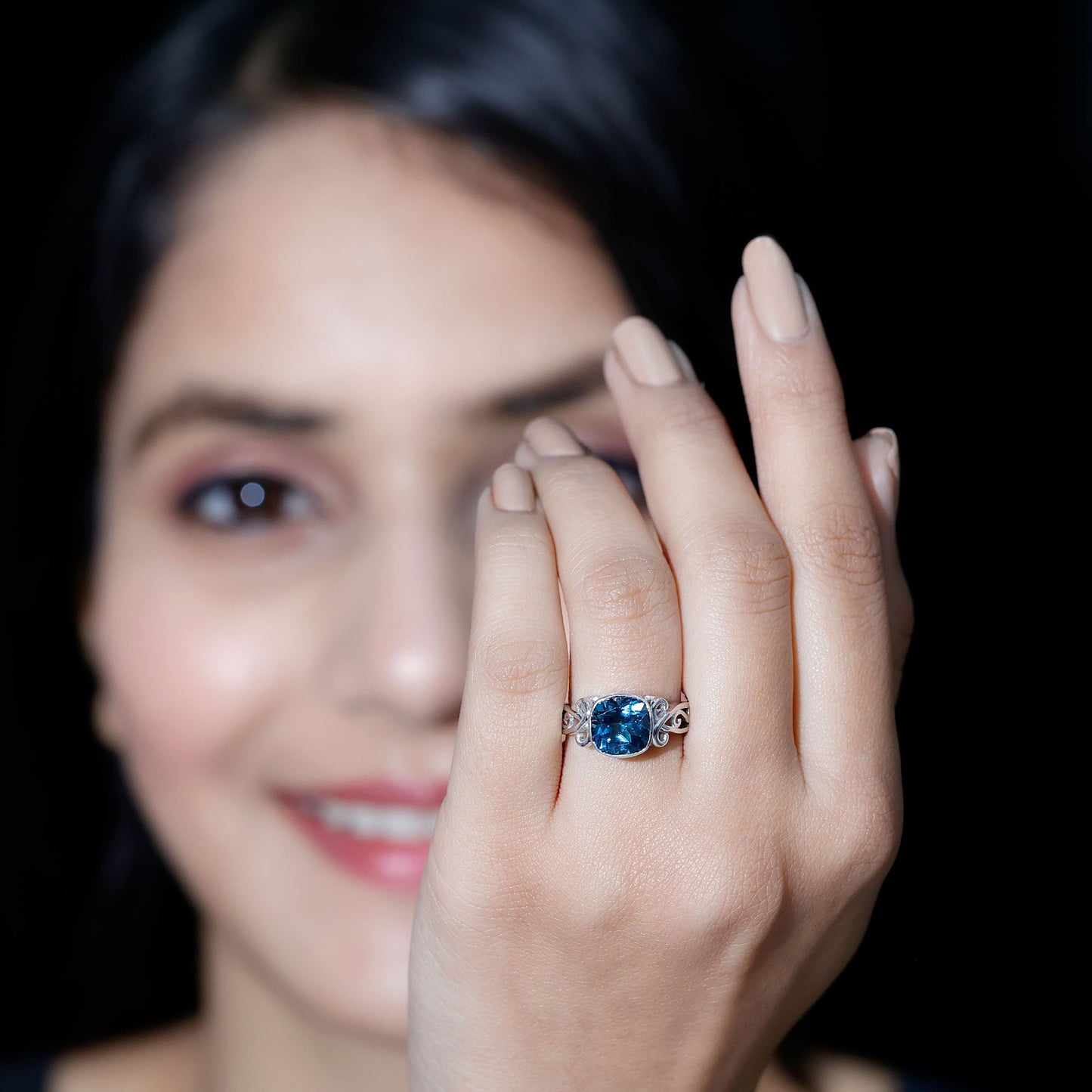 8mm Cushion Cut London Blue Topaz Vintage Solitaire Ring