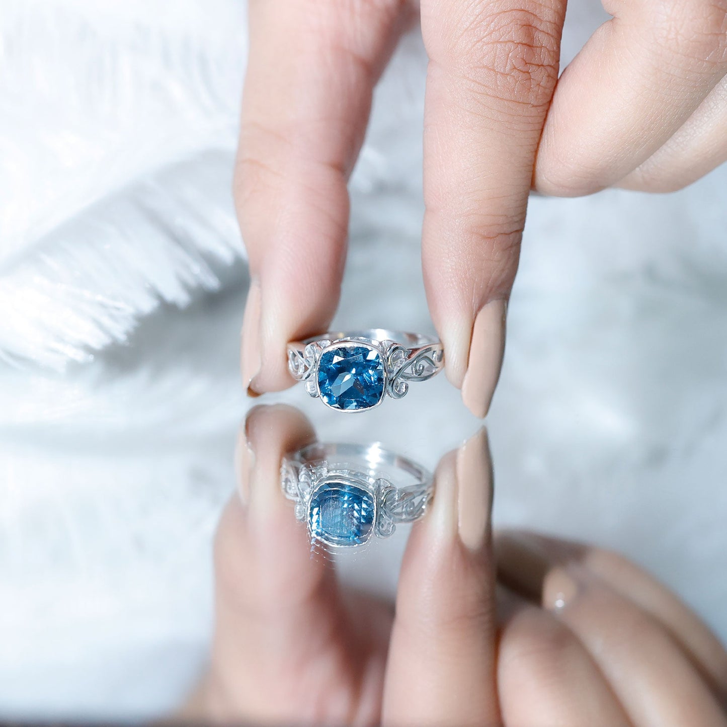 8mm Cushion Cut London Blue Topaz Vintage Solitaire Ring