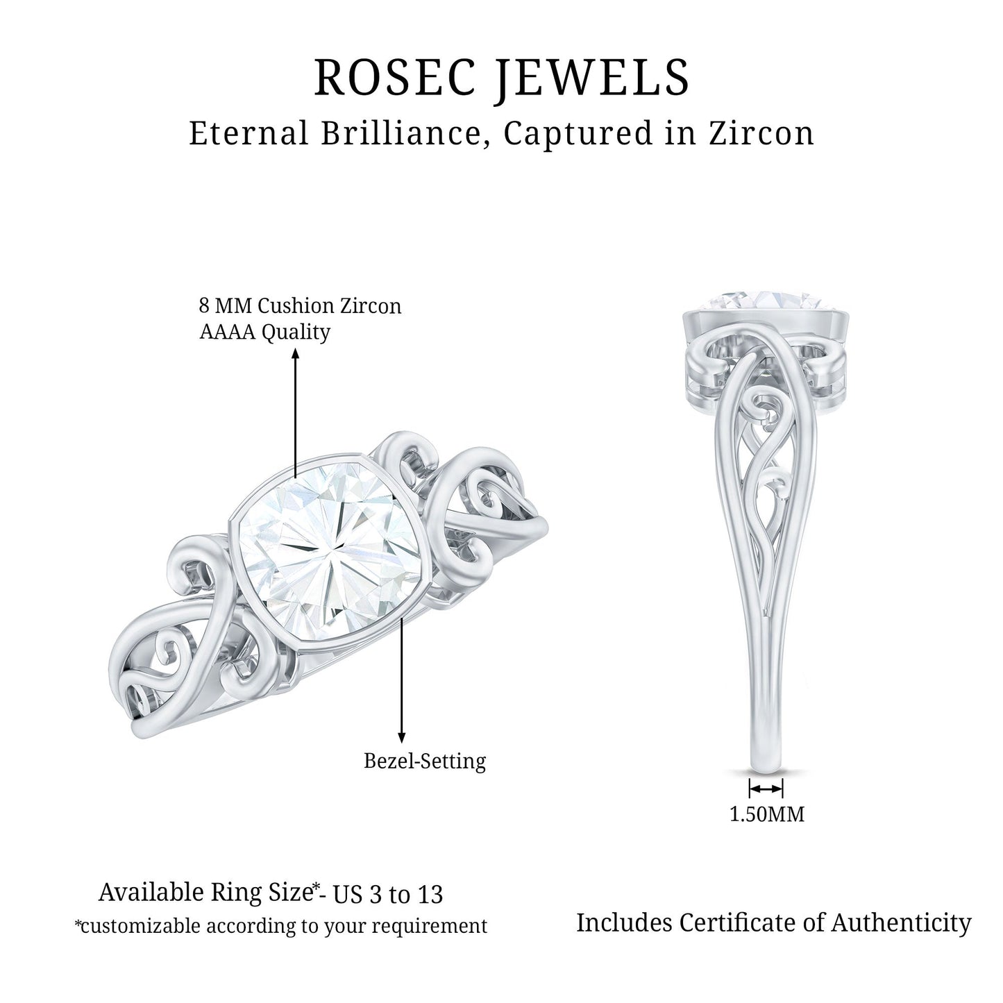 Cushion Cut Cubic Zirconia Vintage Inspired Solitaire Ring in Bezel Setting