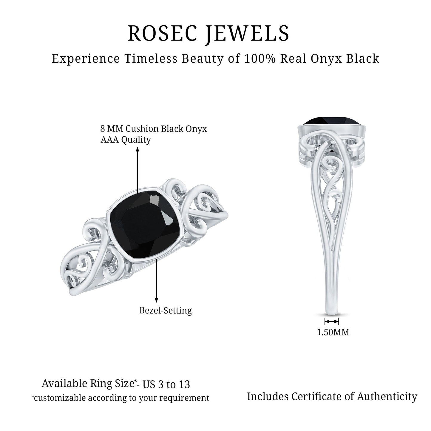 8mm Cushion Cut Black Onyx Vintage Engagement Ring For Women