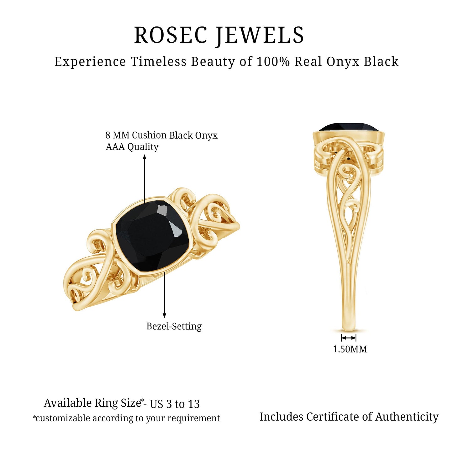 8mm Cushion Cut Black Onyx Vintage Engagement Ring For Women