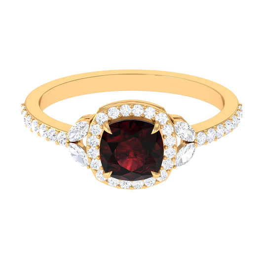 Natural Garnet Cushion Cut Engagement Ring with Diamond Halo