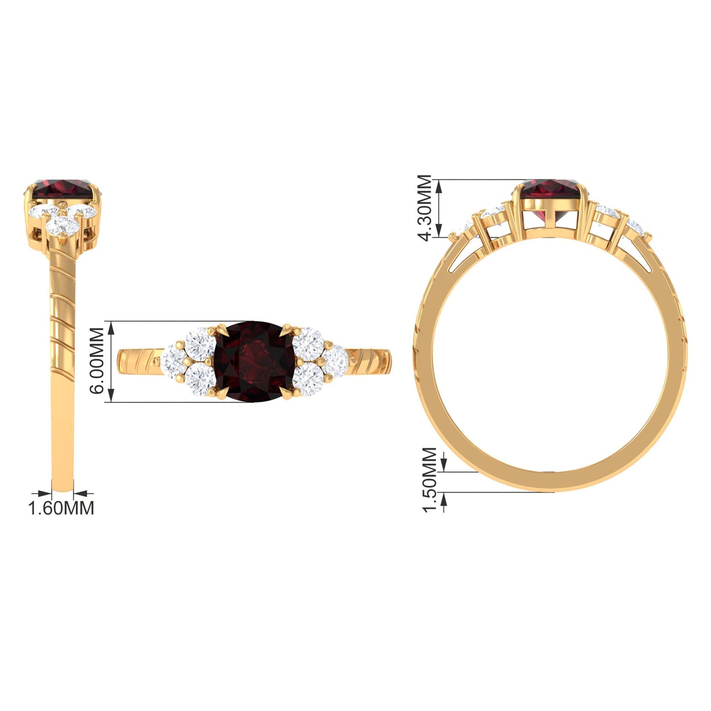Natural 8mm Garnet Cushion Cut Engagement Ring with Diamond Trio
