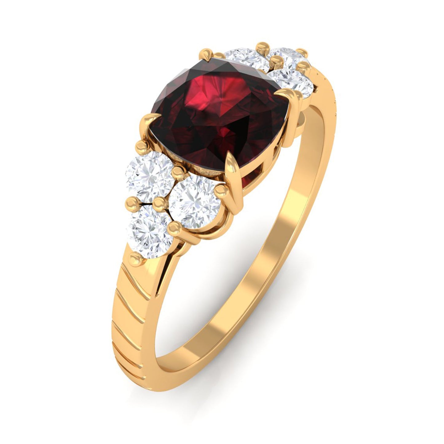 Natural 8mm Garnet Cushion Cut Engagement Ring with Diamond Trio
