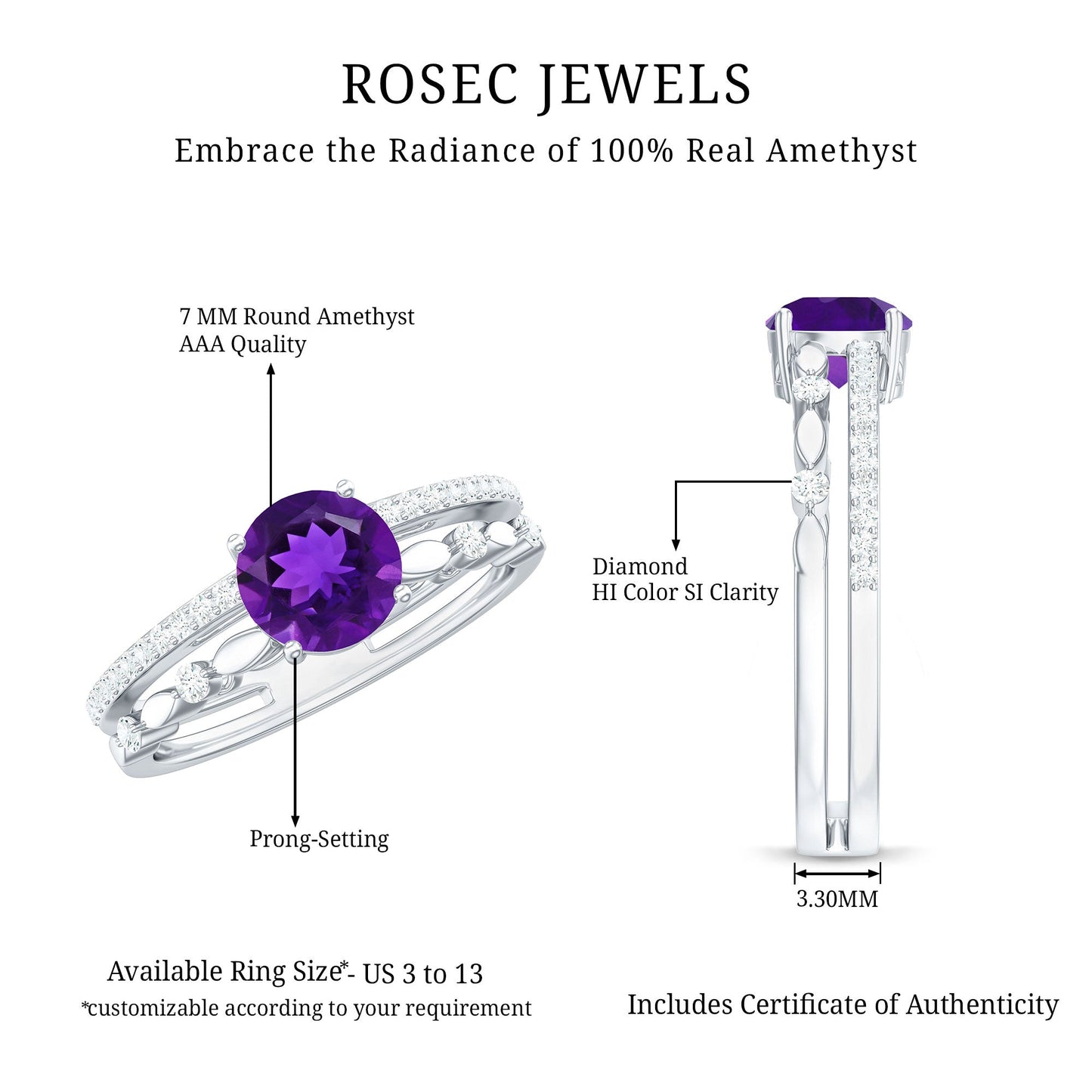 Round Shape Amethyst Solitaire Double Band Ring with Diamond