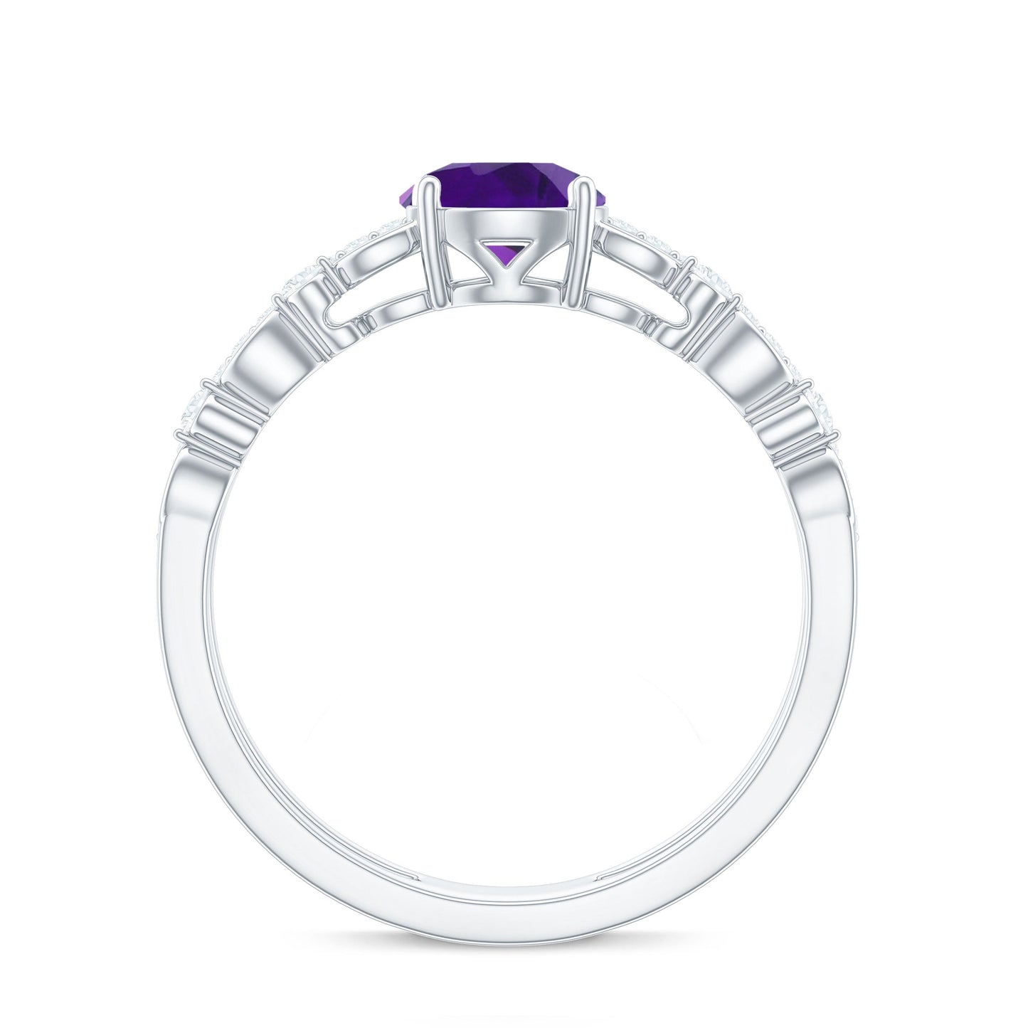 Round Shape Amethyst Solitaire Double Band Ring with Diamond