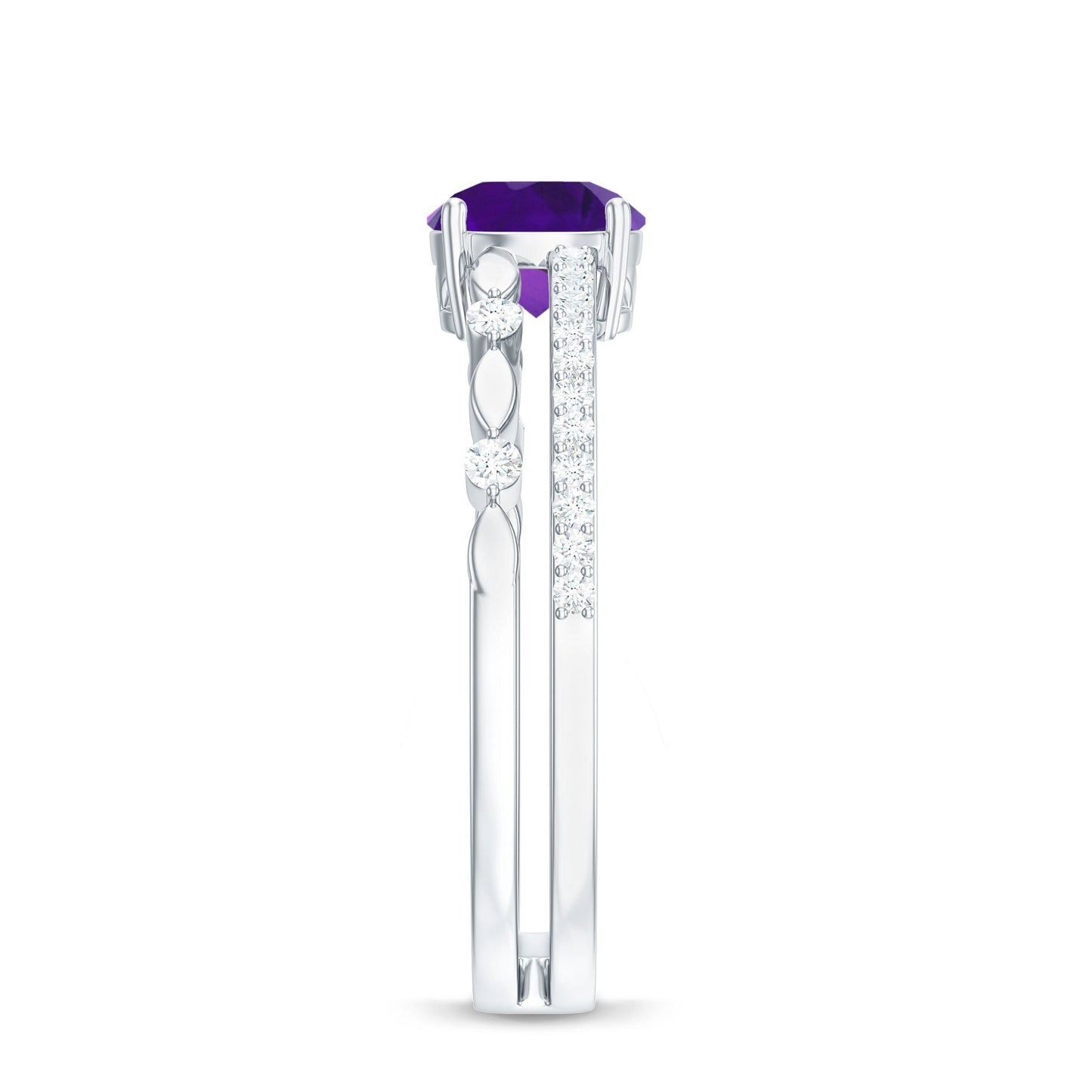 Round Shape Amethyst Solitaire Double Band Ring with Diamond