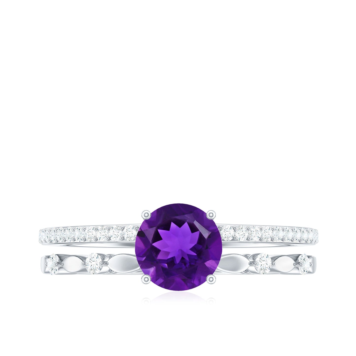 Round Shape Amethyst Solitaire Double Band Ring with Diamond