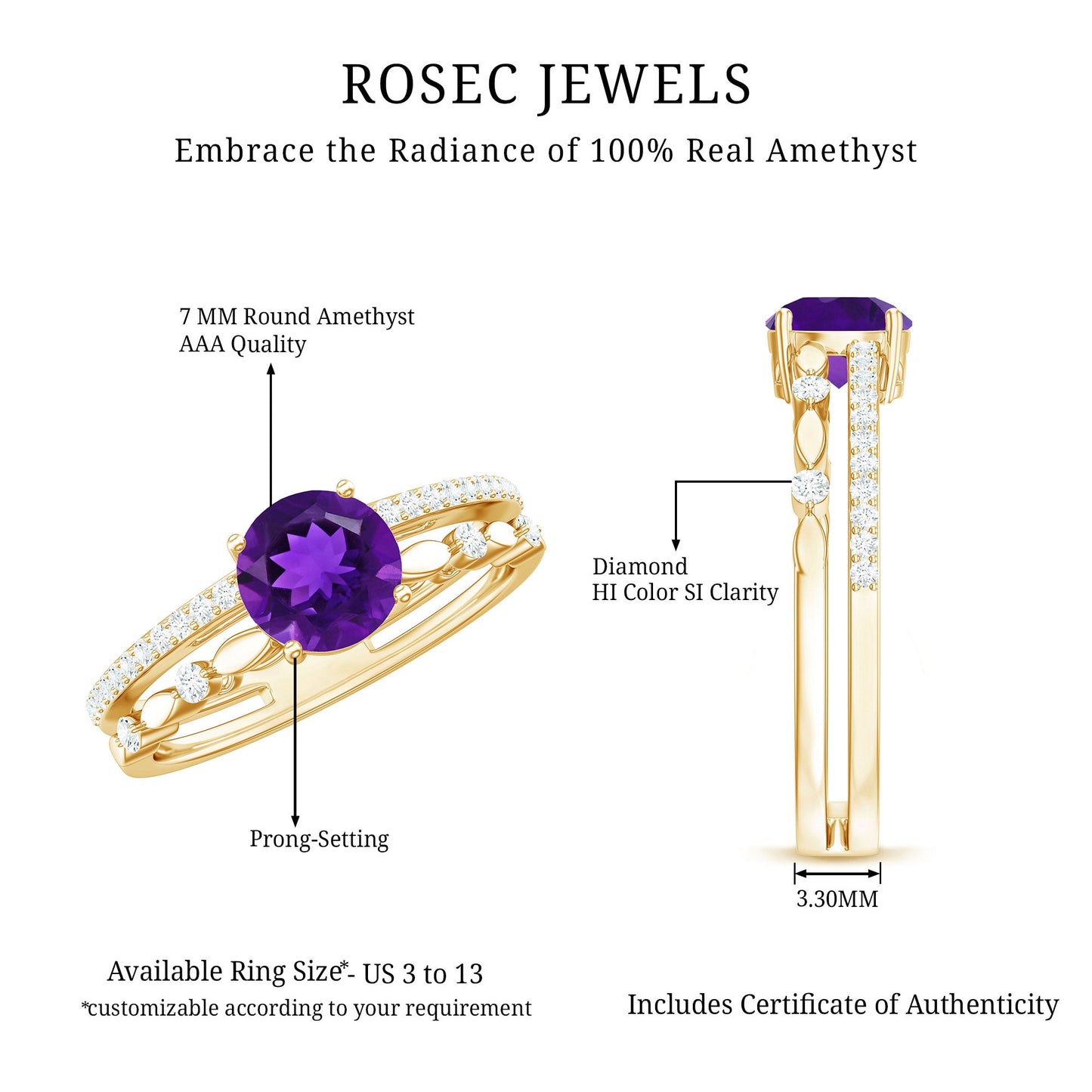 Round Shape Amethyst Solitaire Double Band Ring with Diamond