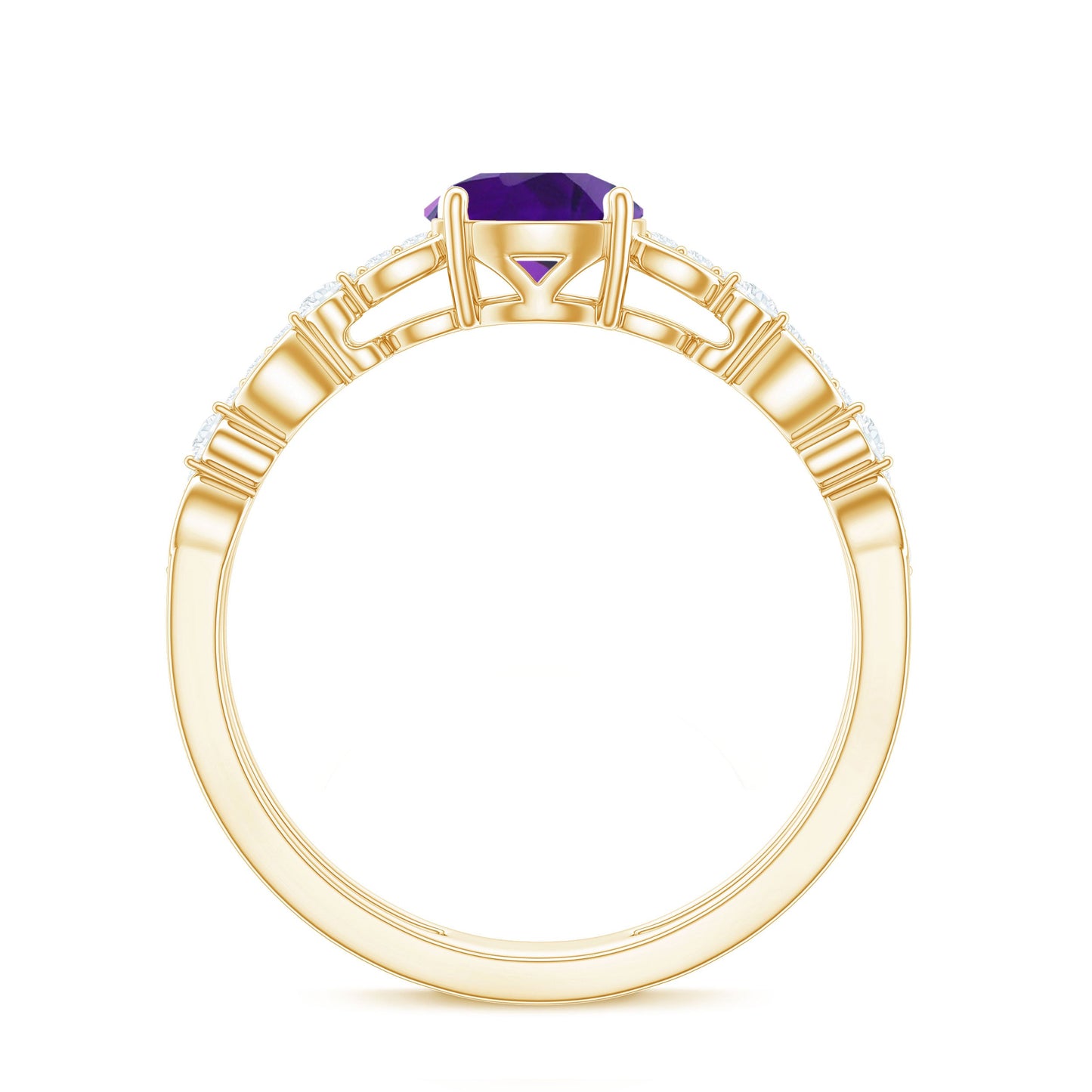 Round Shape Amethyst Solitaire Double Band Ring with Diamond
