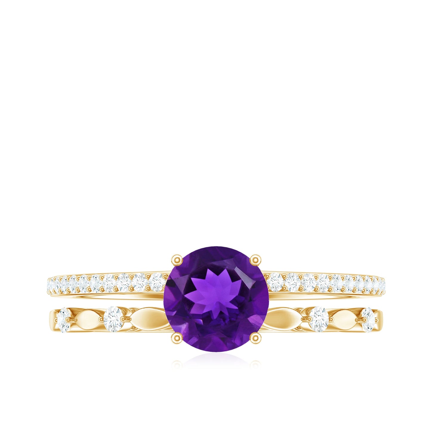 Round Shape Amethyst Solitaire Double Band Ring with Diamond