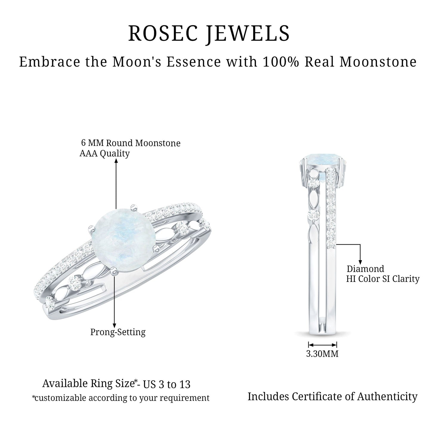 6 MM Moonstone Double Band Solitaire Engagement Ring with Diamond