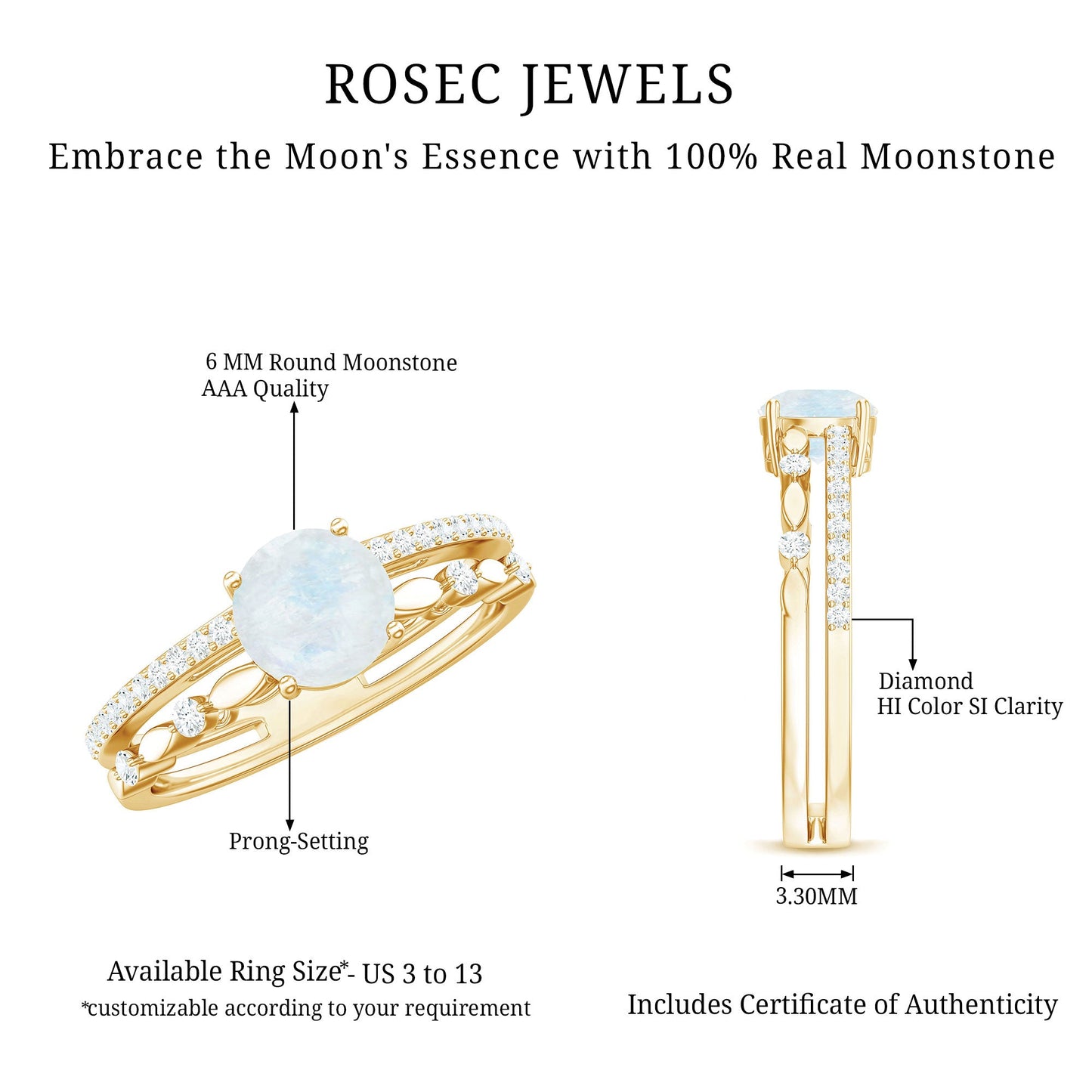 6 MM Moonstone Double Band Solitaire Engagement Ring with Diamond