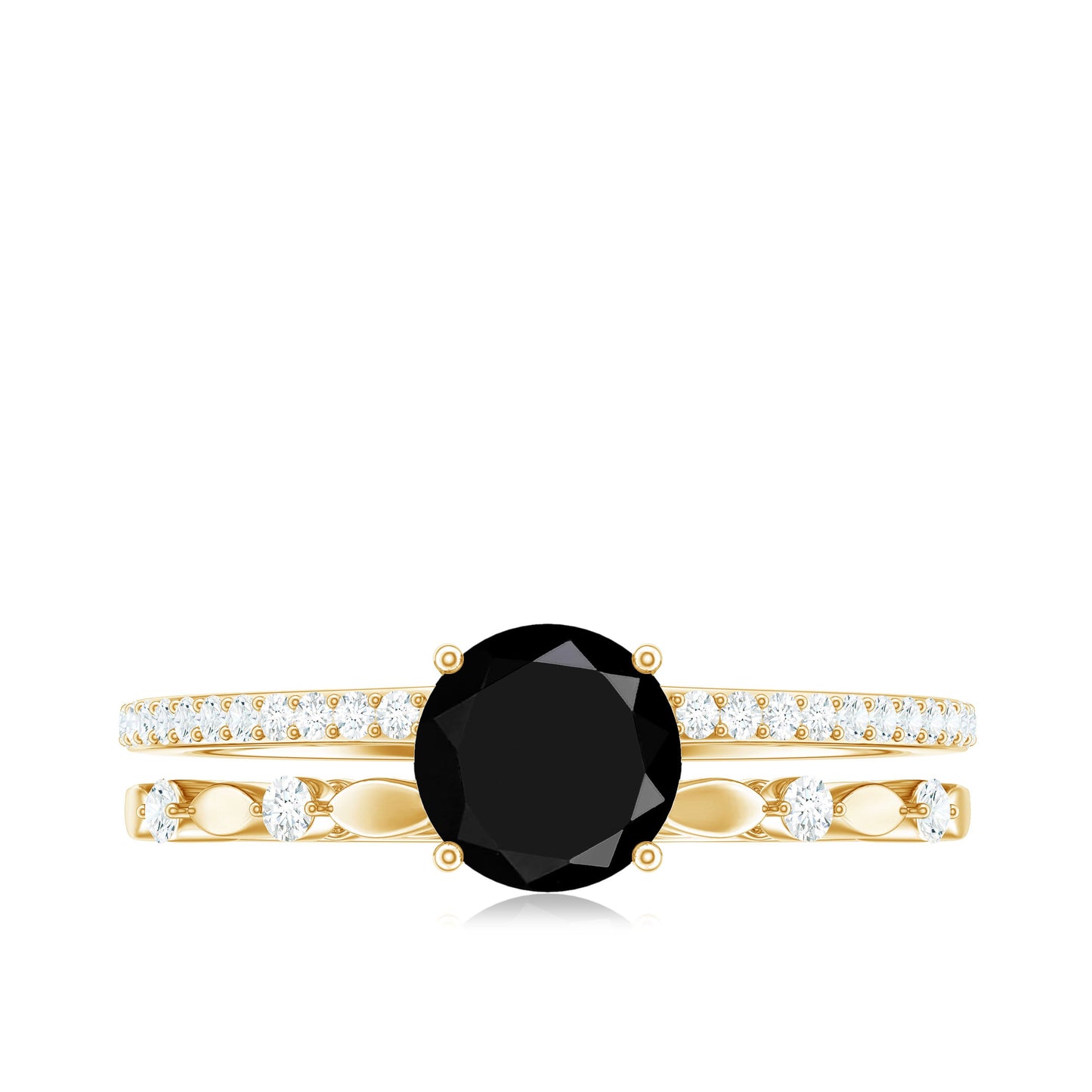 8mm Round Black Onyx and Diamond Promise Engagement Double Band Ring