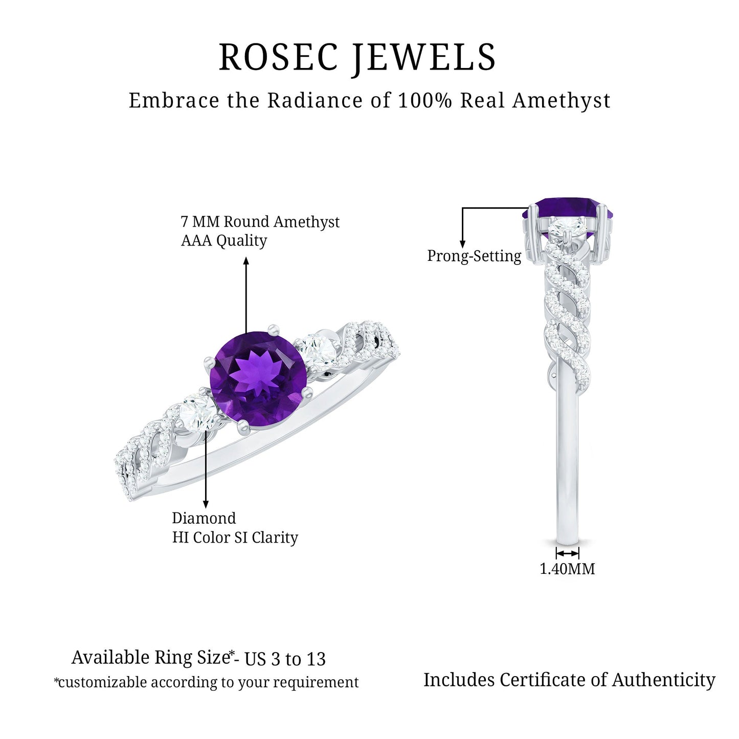 Round Amethyst Solitaire Ring with Diamond Side Stones