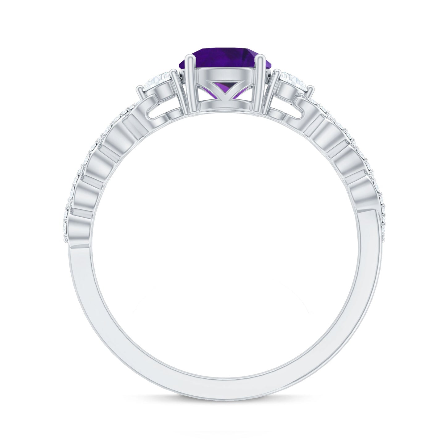 Round Amethyst Solitaire Ring with Diamond Side Stones