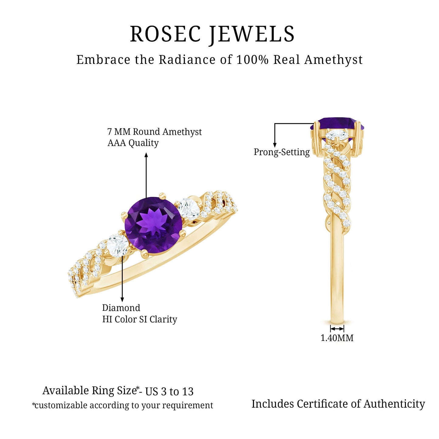 Round Amethyst Solitaire Ring with Diamond Side Stones
