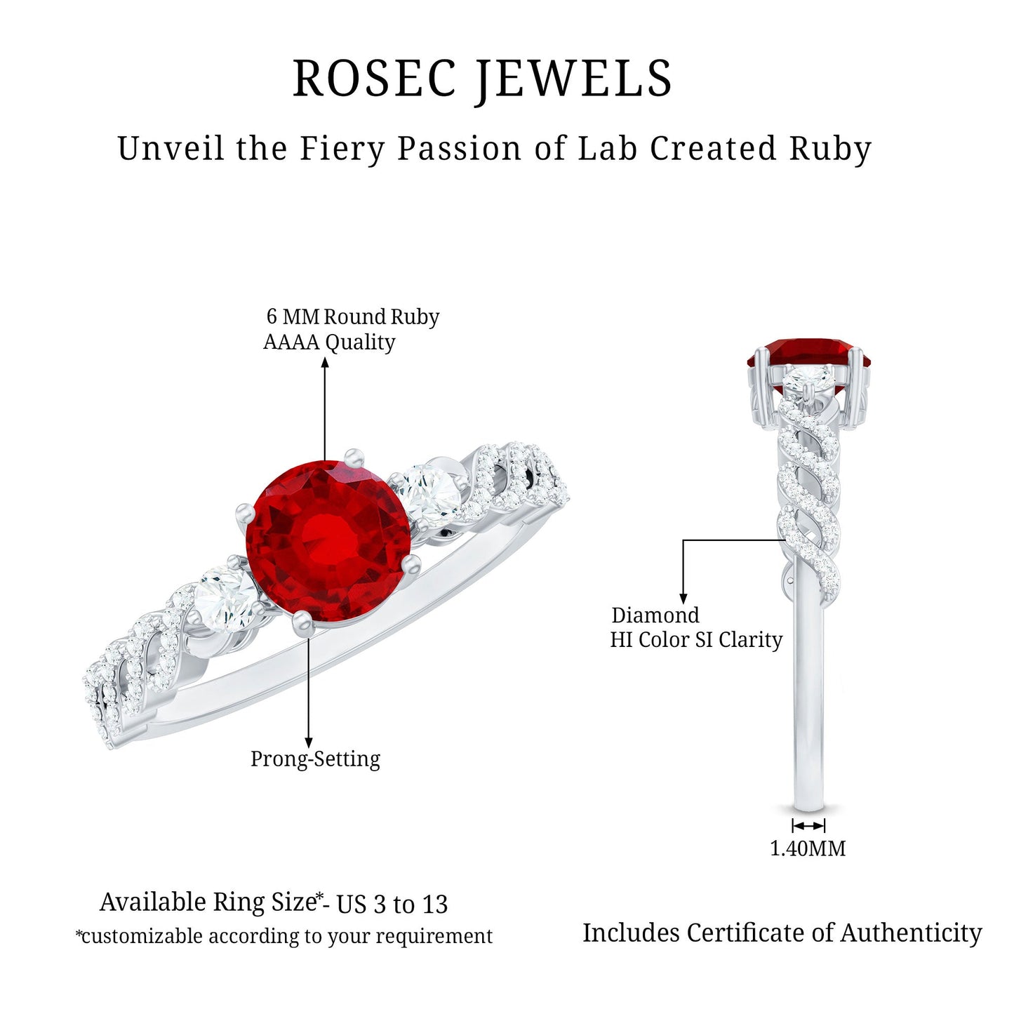 Lab Grown Ruby Designer Ring with Diamond Side Stones