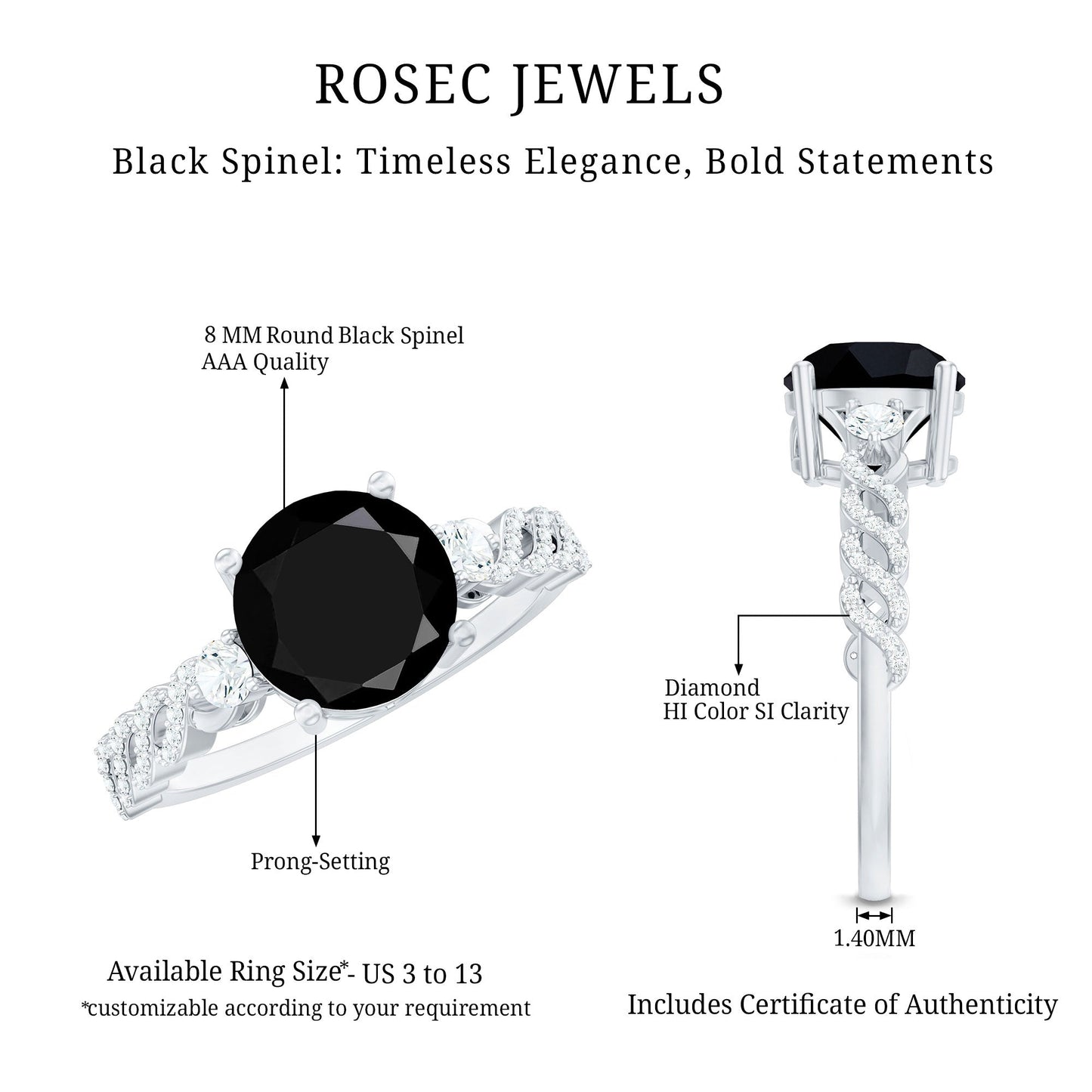Designer 8mm Black Spinel Engagement Ring with Diamond